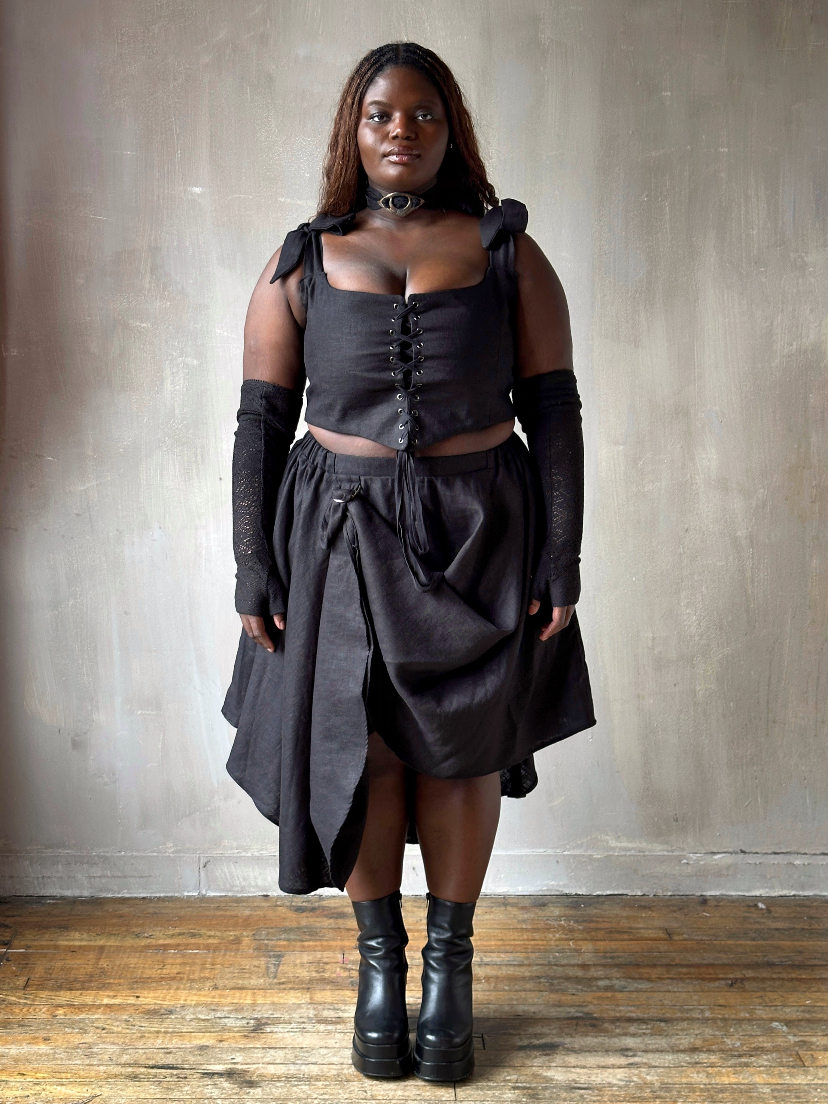 Spring '26: Pastorale Skirt w/Adjustable Hem in Black Linen (Pre-Order)