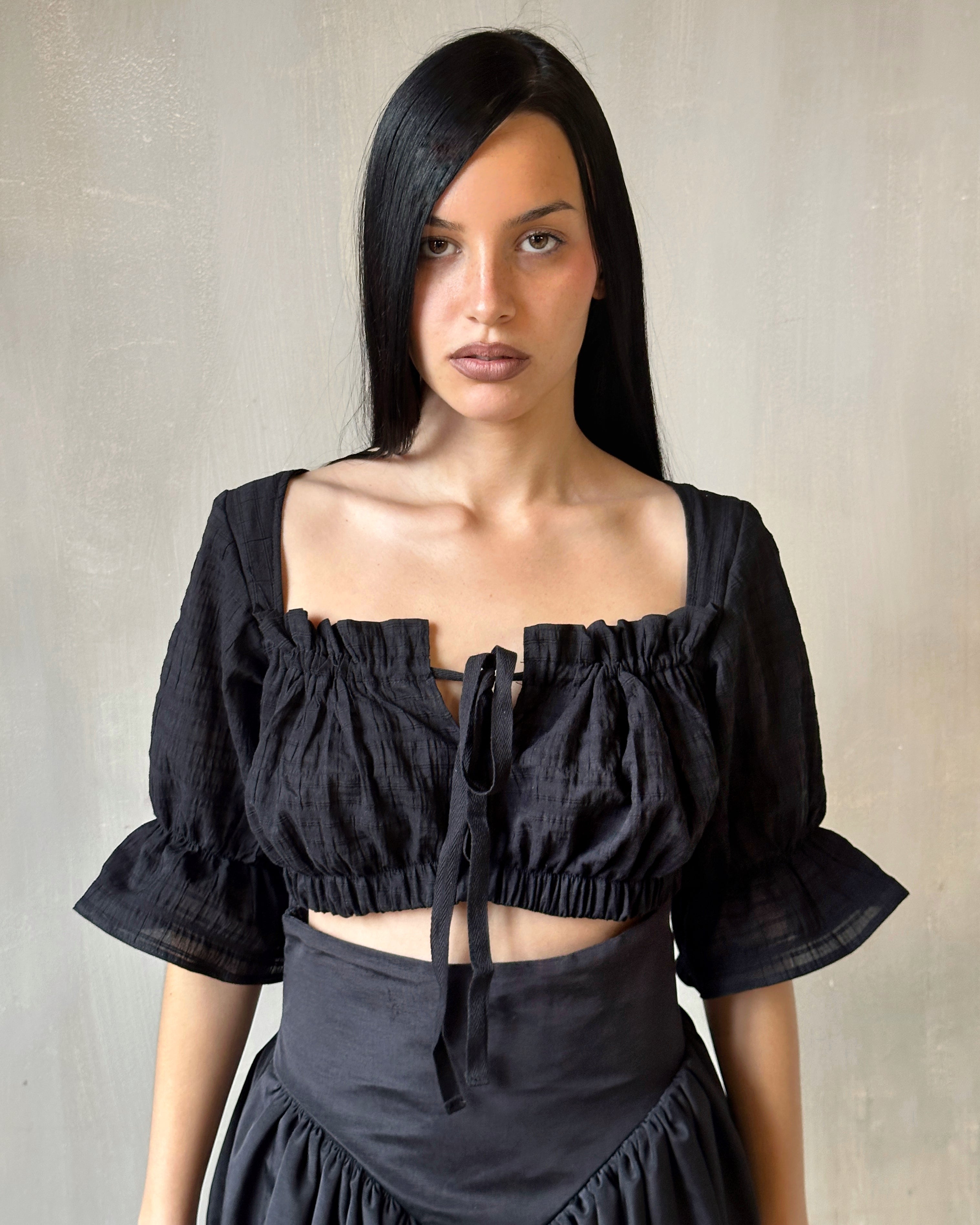 Spring '25: Cropped Dirndl Top in Black Cotton (Pre-Order)