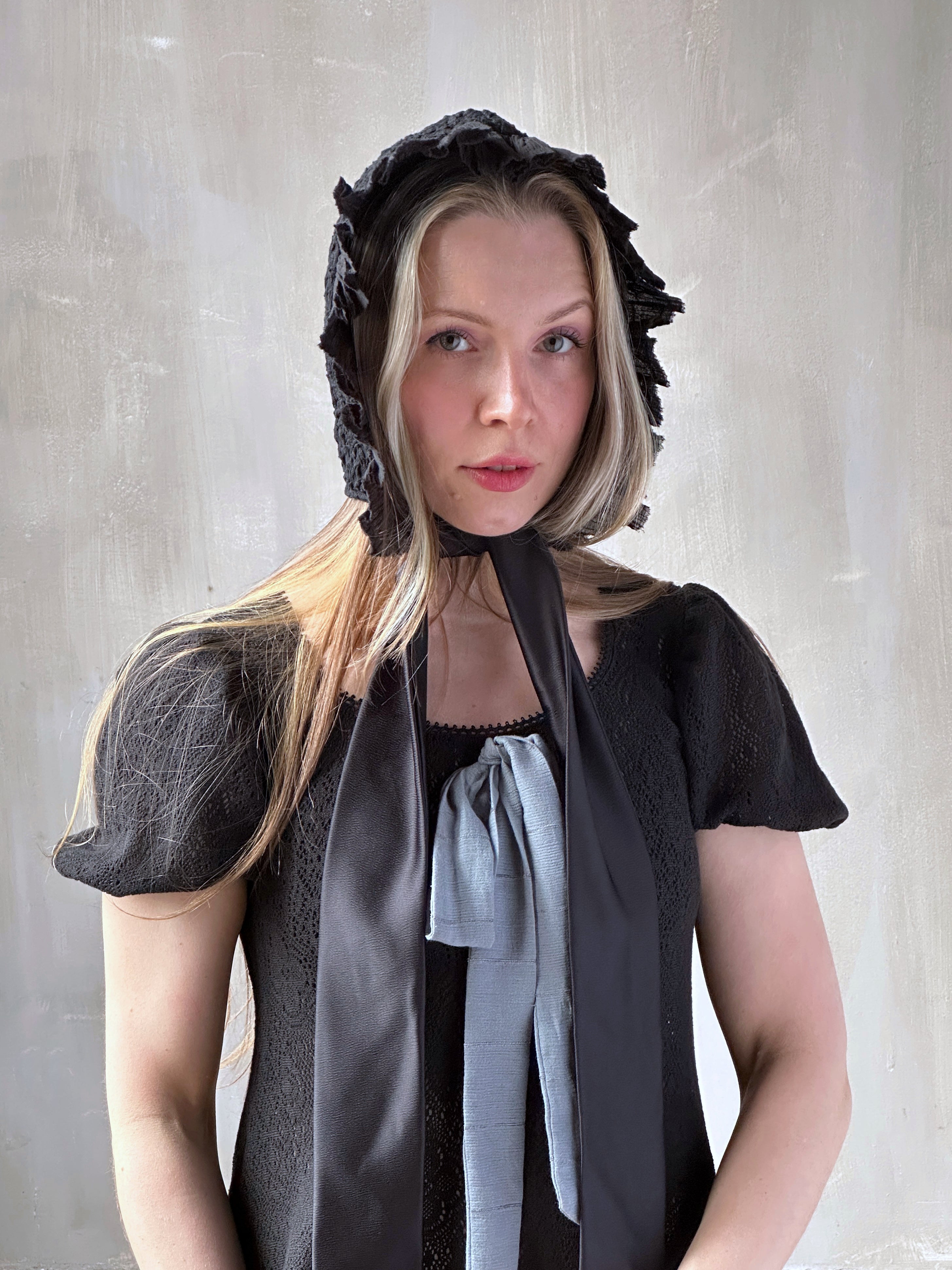 Spring '26: Bonnet with Silk Ties in Black Crinkle Cotton Knit (In Stock)