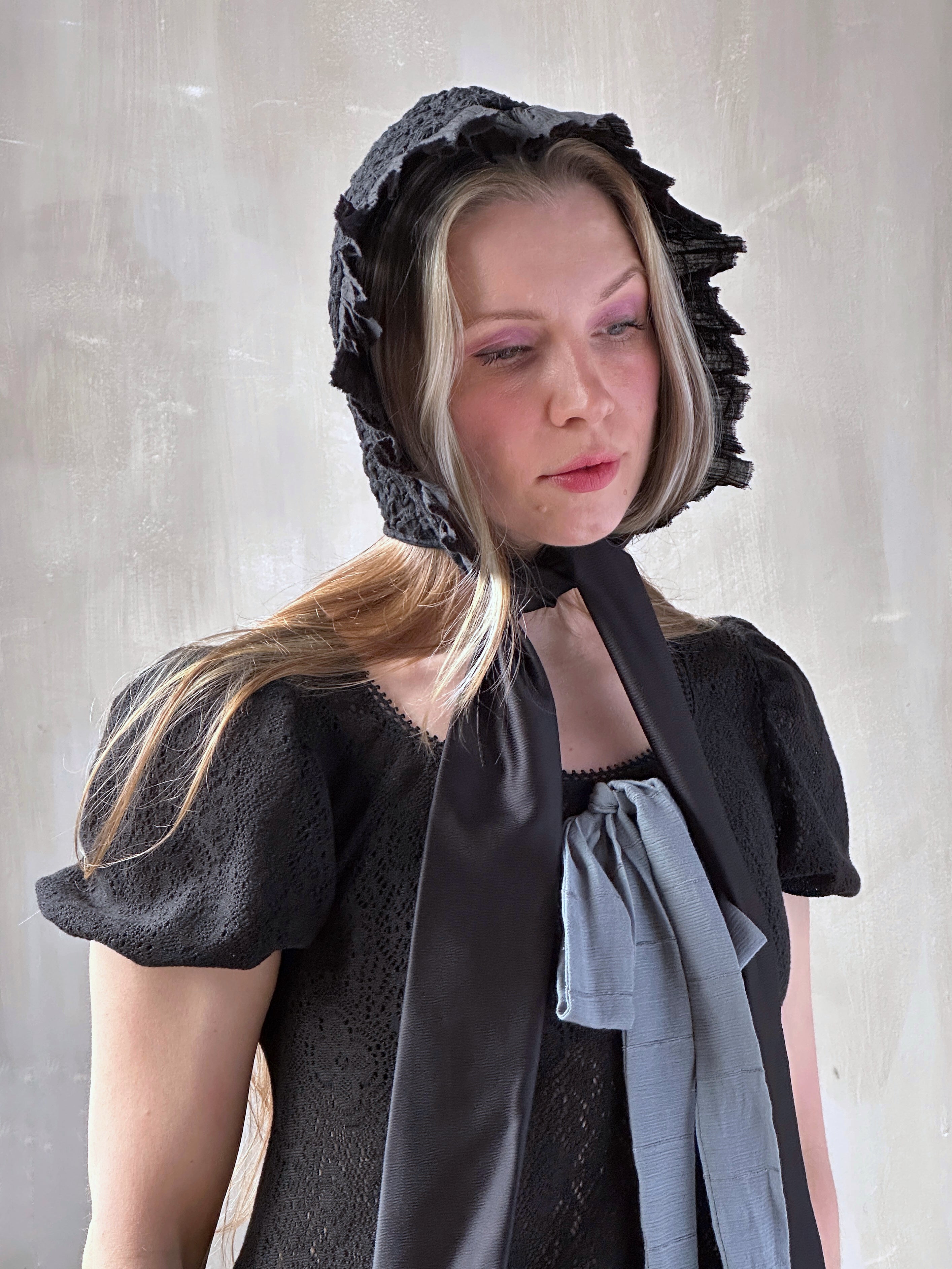 Spring '26: Bonnet with Silk Ties in Black Crinkle Cotton Knit (Pre-Order)