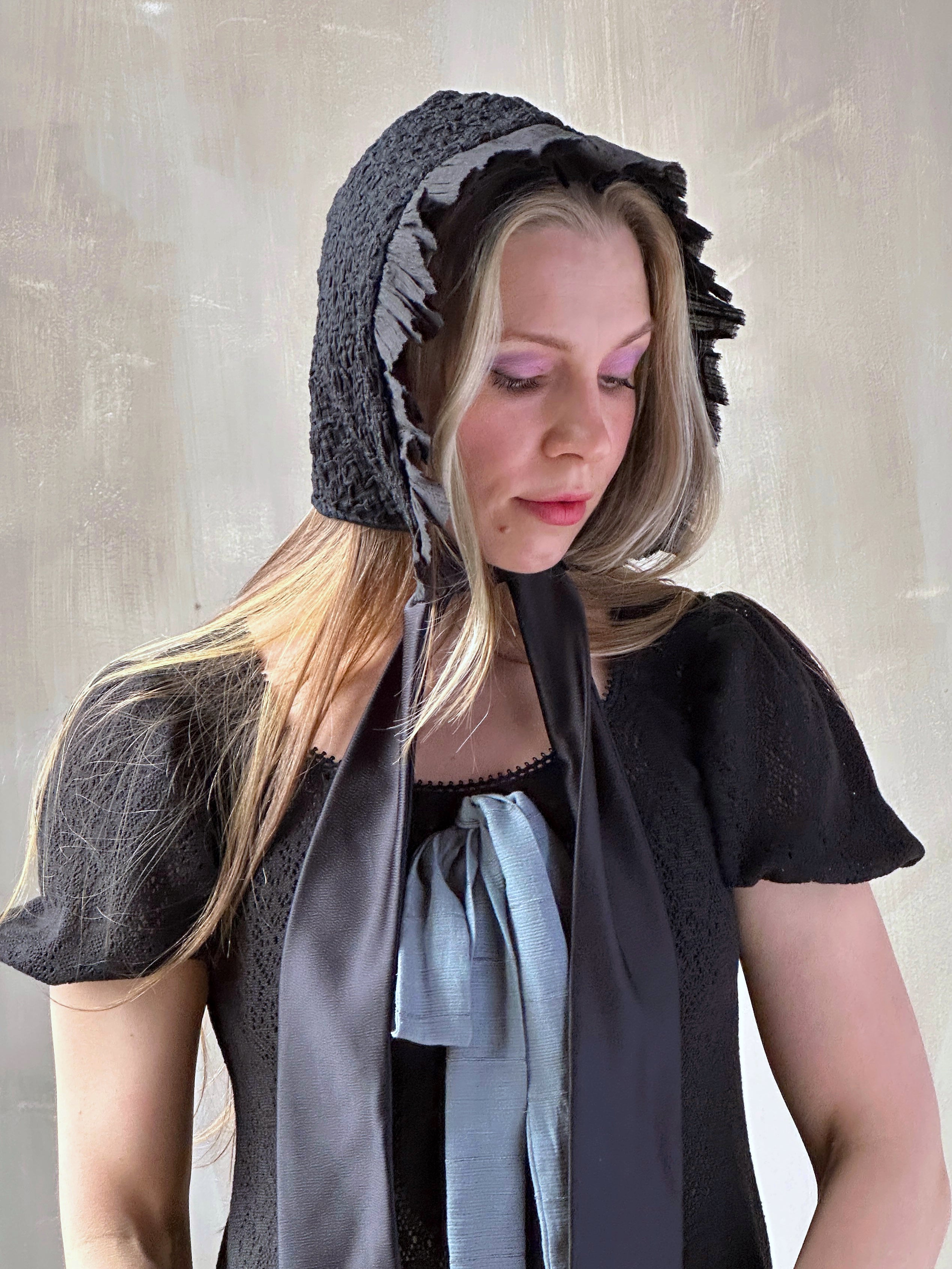 Spring '26: Bonnet with Silk Ties in Black Crinkle Cotton Knit (In Stock)