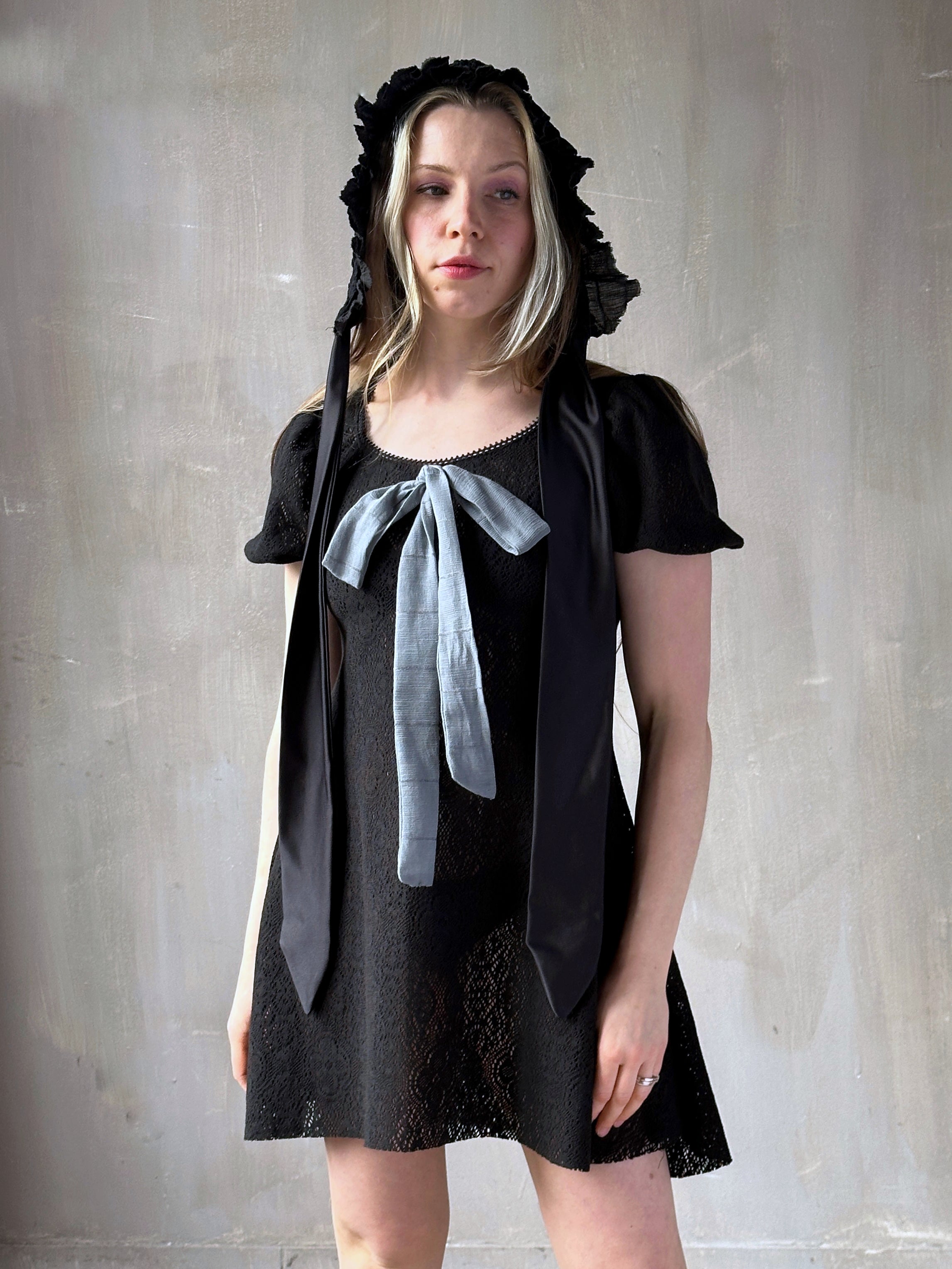 Spring '26: Bonnet with Silk Ties in Black Crinkle Cotton Knit (In Stock)