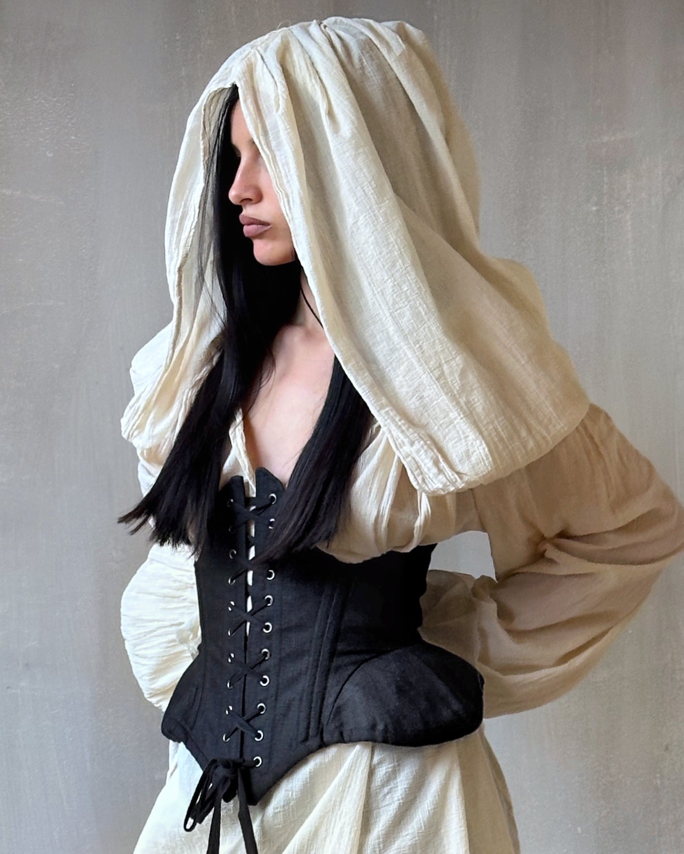 Spring '25: Underbust Pannier Corset in Black Linen (Pre-Order)