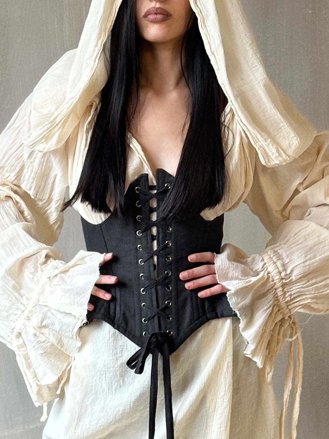 Spring '25: Underbust Pannier Corset in Black Linen (Pre-Order)