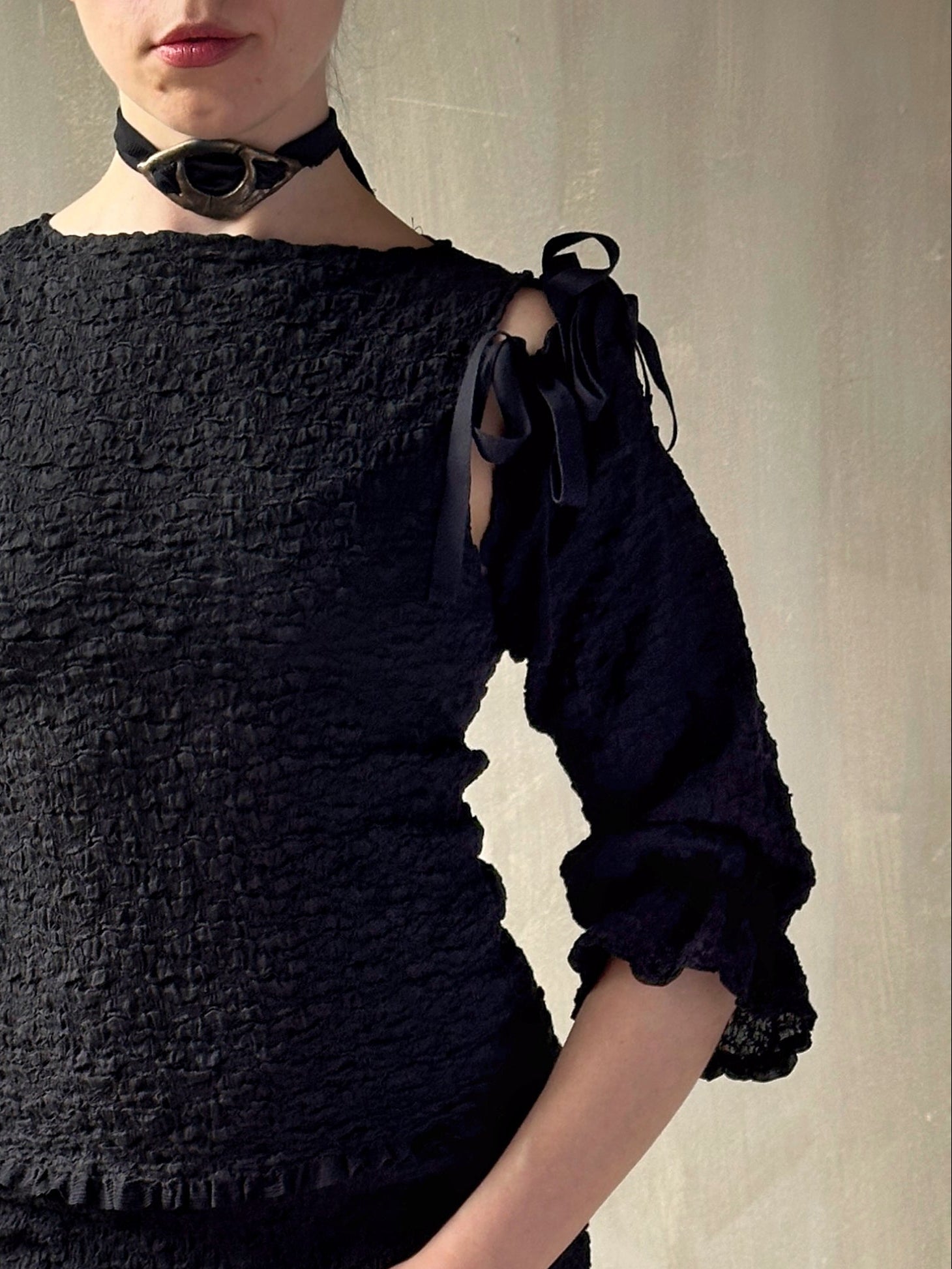 Spring'26: Detached Half Sleeve Top in Textured Black Cotton (Pre-Order)