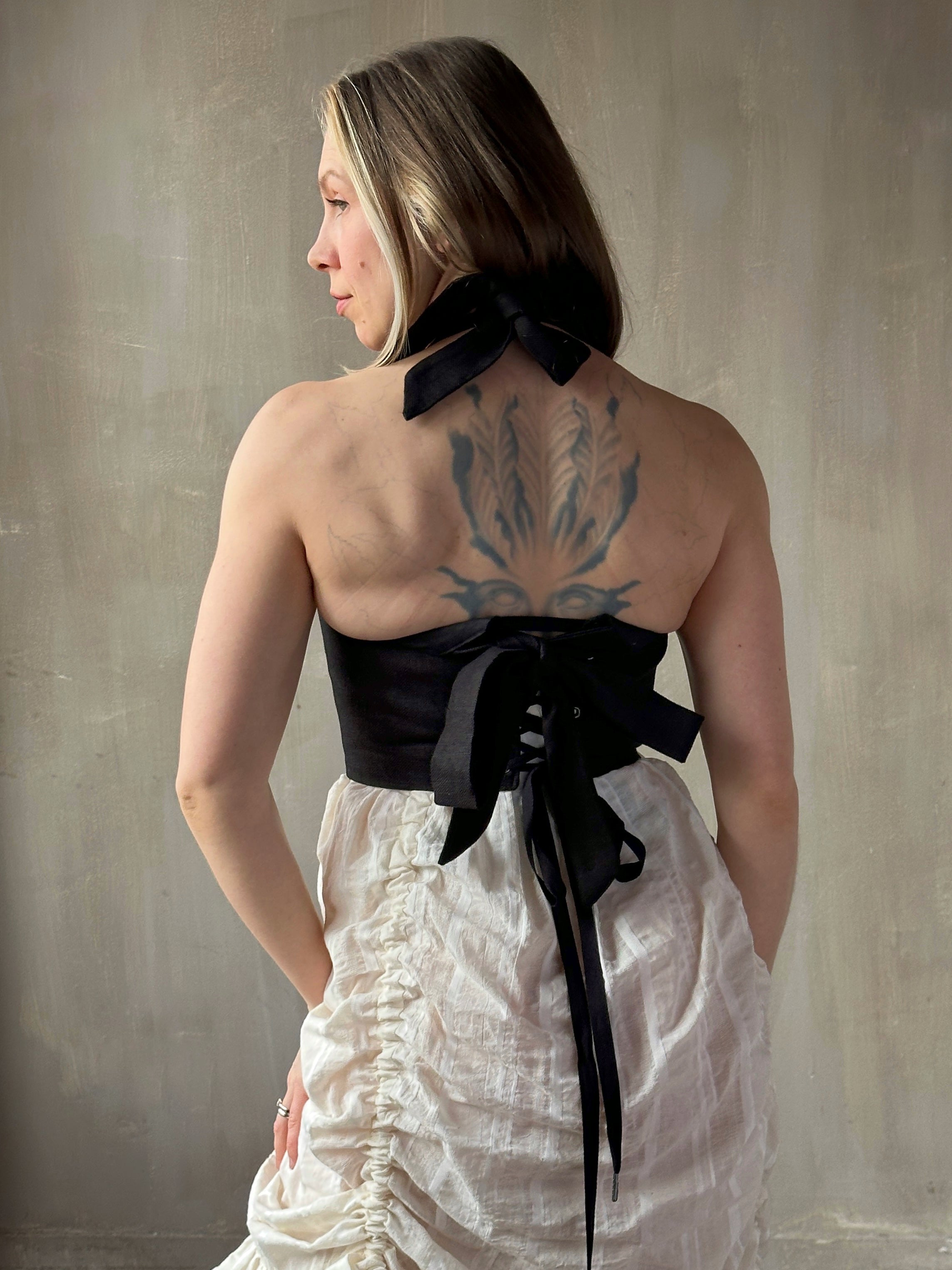 Spring '26: Corset Vest with Bow Ties in Black Linen (Pre-Order)