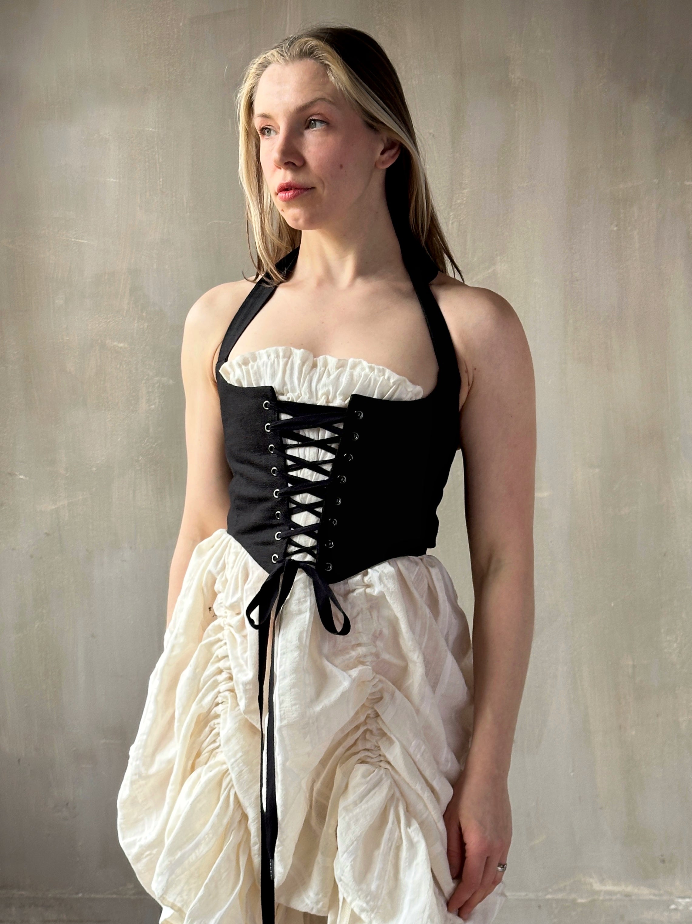 Spring '26: Corset Vest with Bow Ties in Black Linen (Pre-Order)