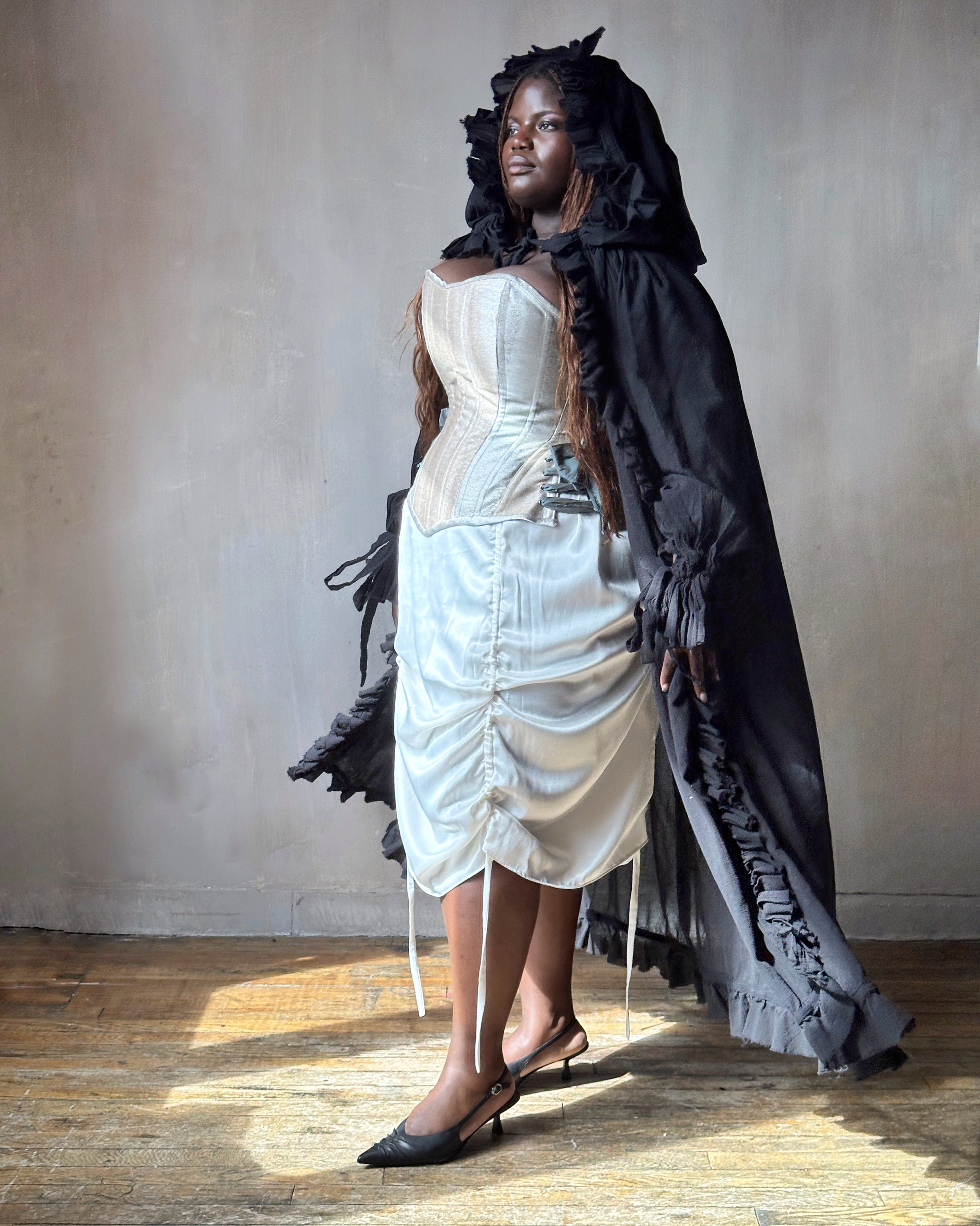 Spring '25: Hooded “Peignoir” Alchemist Jacket w/Ruffle in Black Cotton (Pre-Order)