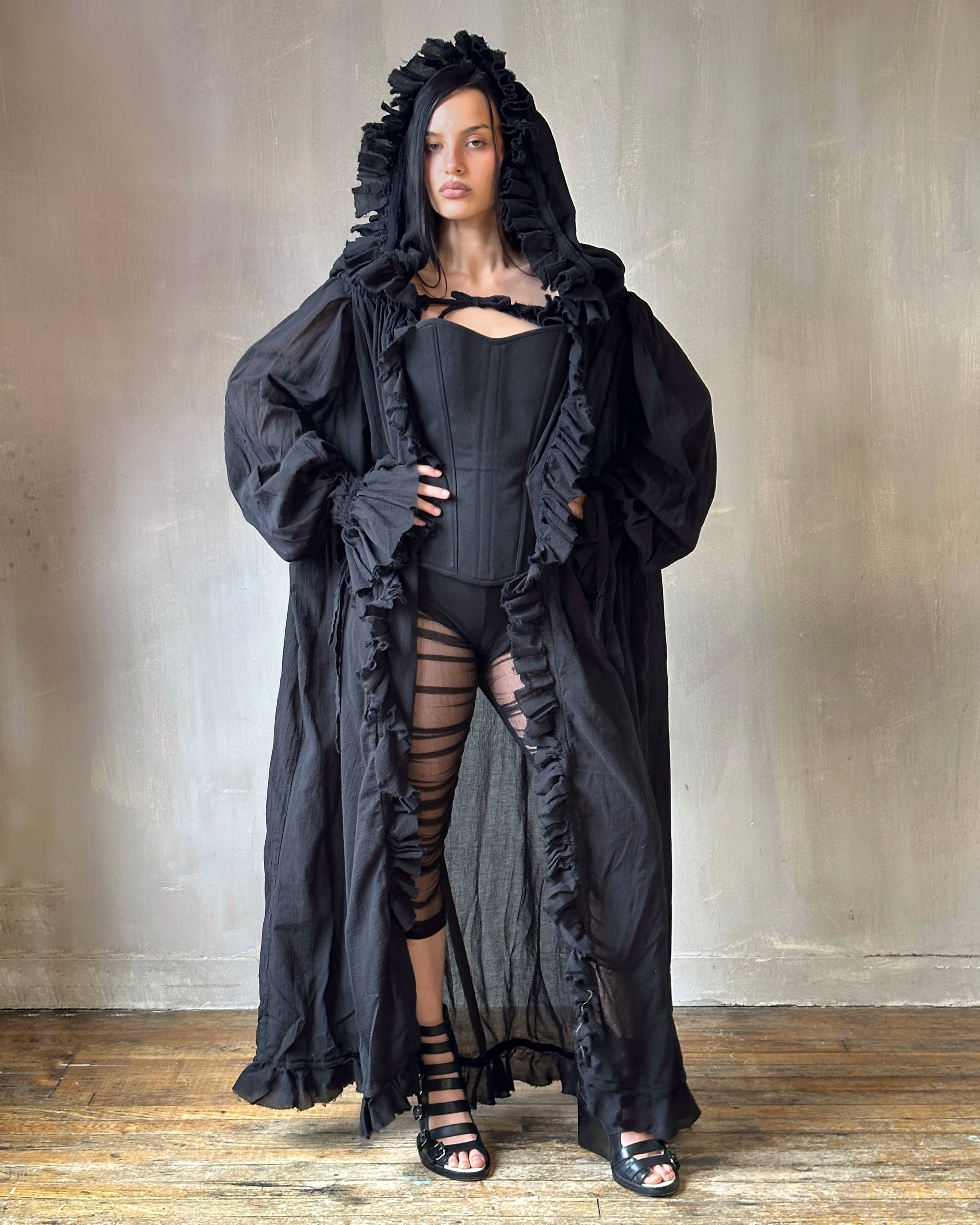 Spring '25: Hooded “Peignoir” Alchemist Jacket w/Ruffle in Black Cotton (Pre-Order)