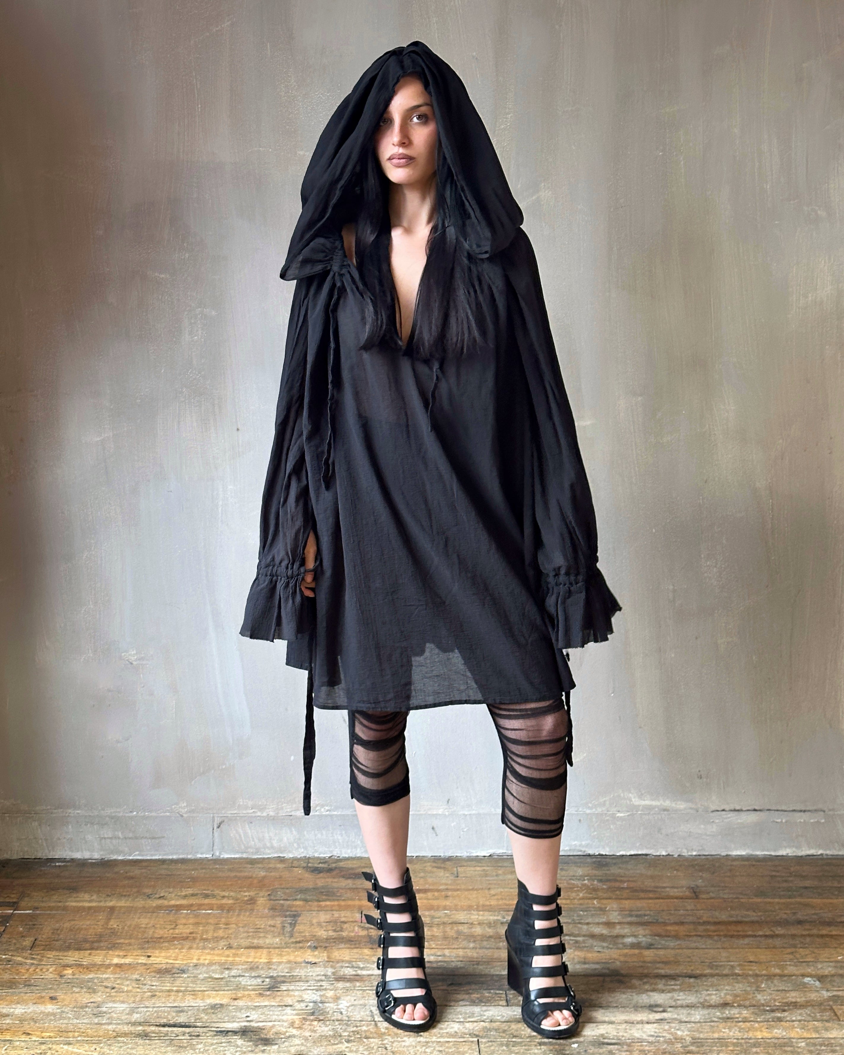 Spring '25: Hooded Alchemist Chemise in Black Cotton Gauze (Pre-Order)