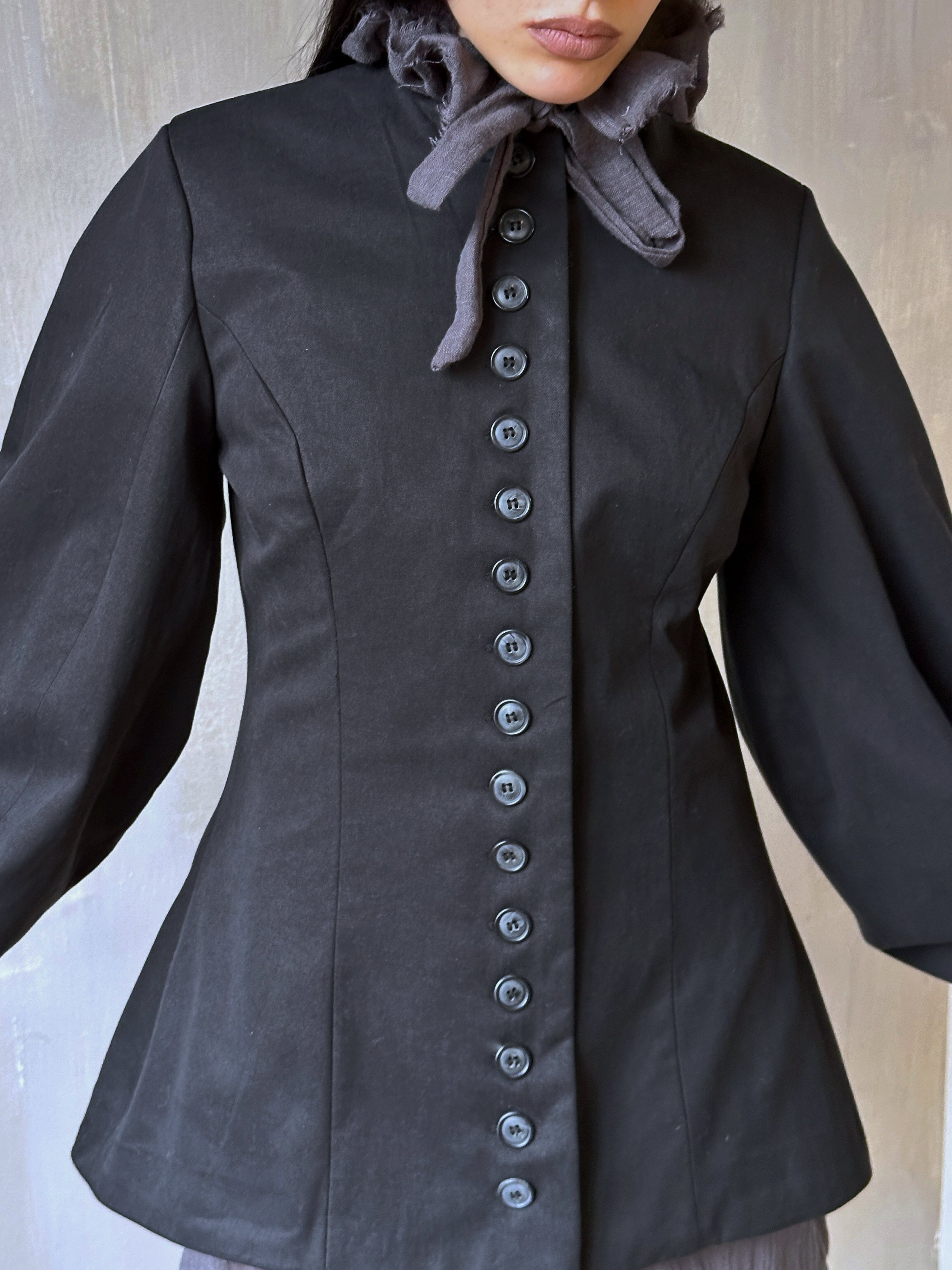 Spring '25: Tails Button Jacket with Lantern Sleeve in Black Cotton Twill (Pre-Order)