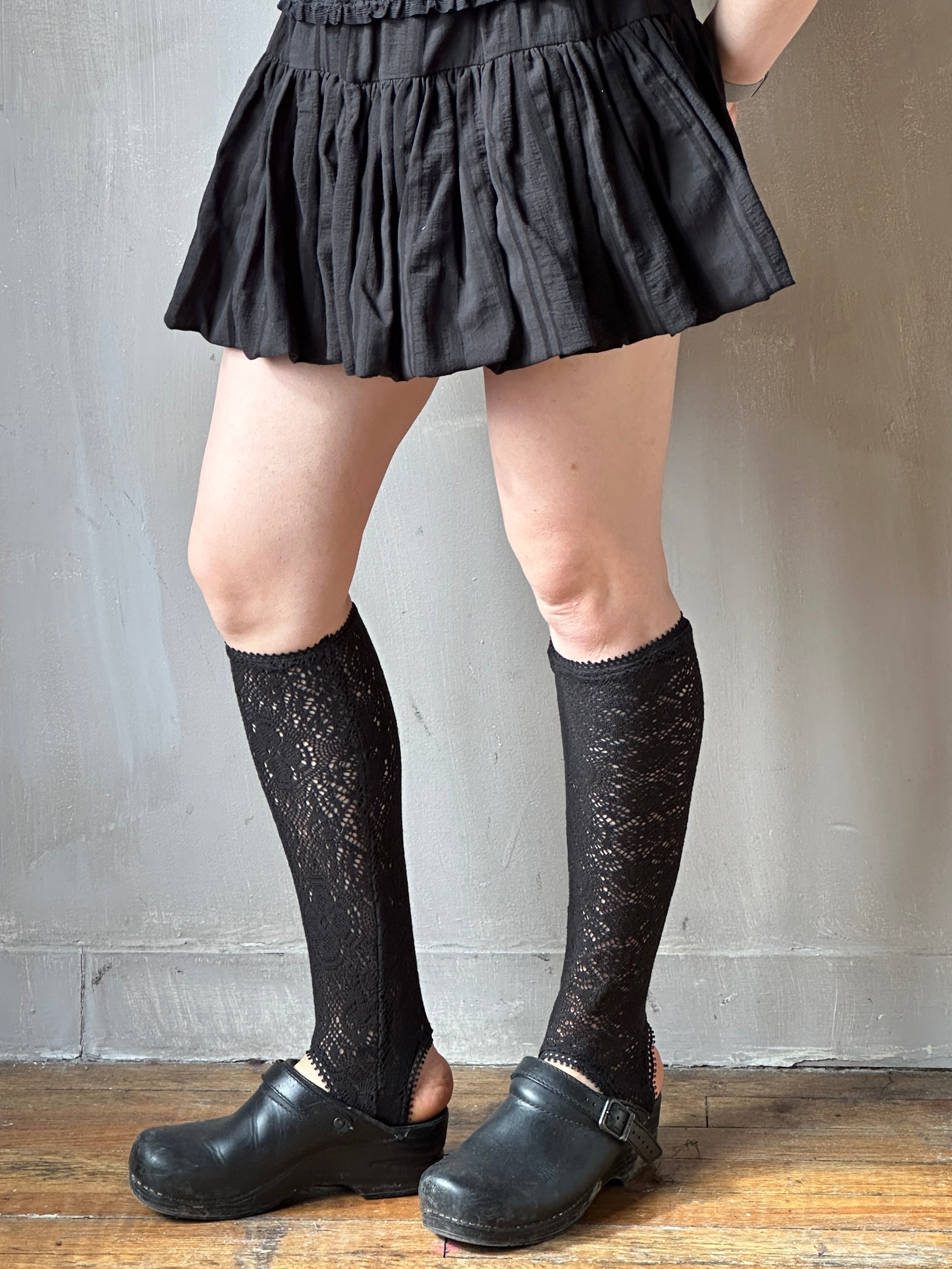 Spring '26: Knee-High Stirrup Socks in Black Cotton Lace (Pre-Order)