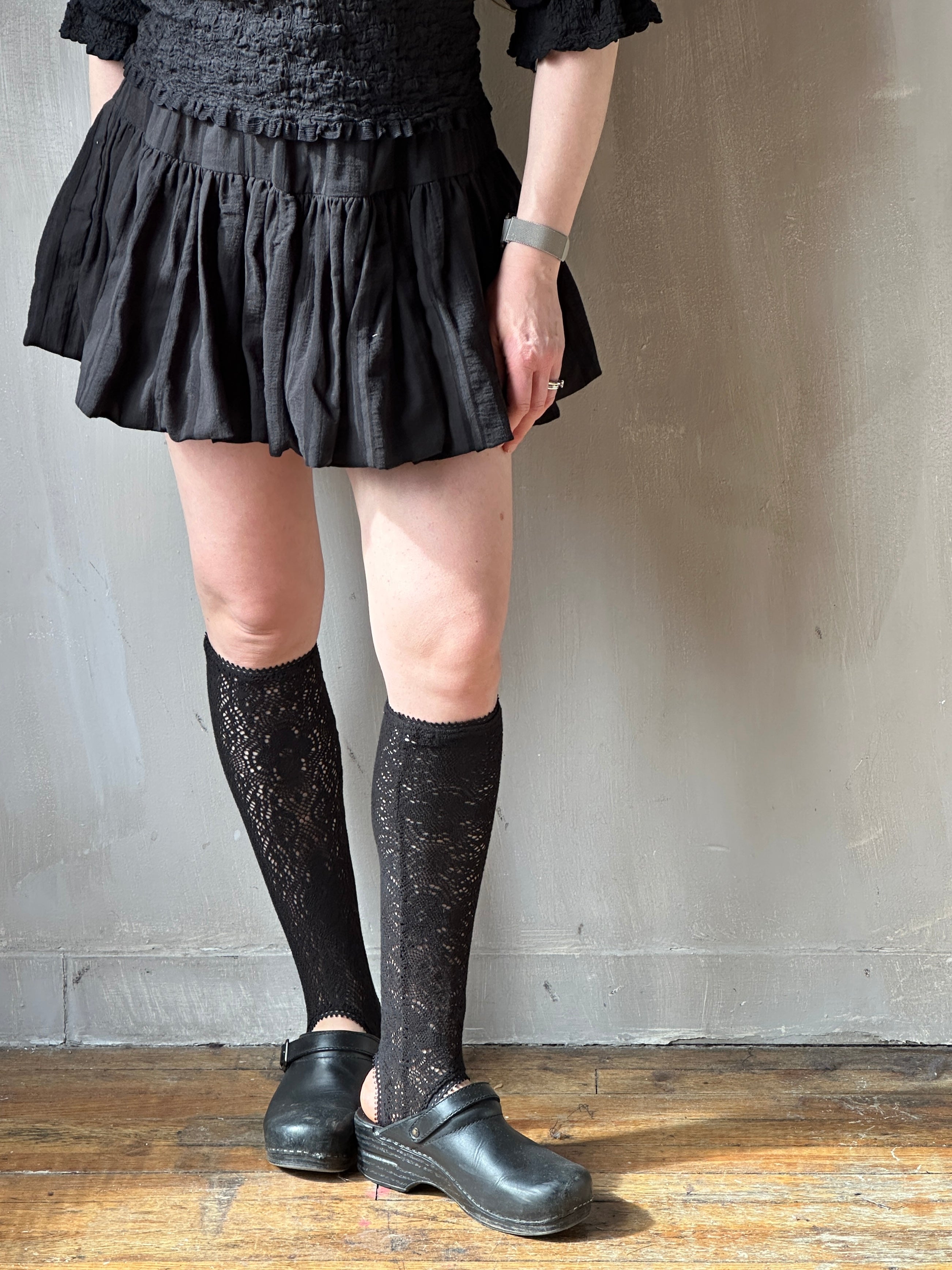 Spring '26: Knee-High Stirrup Socks in Black Cotton Lace (Pre-Order)