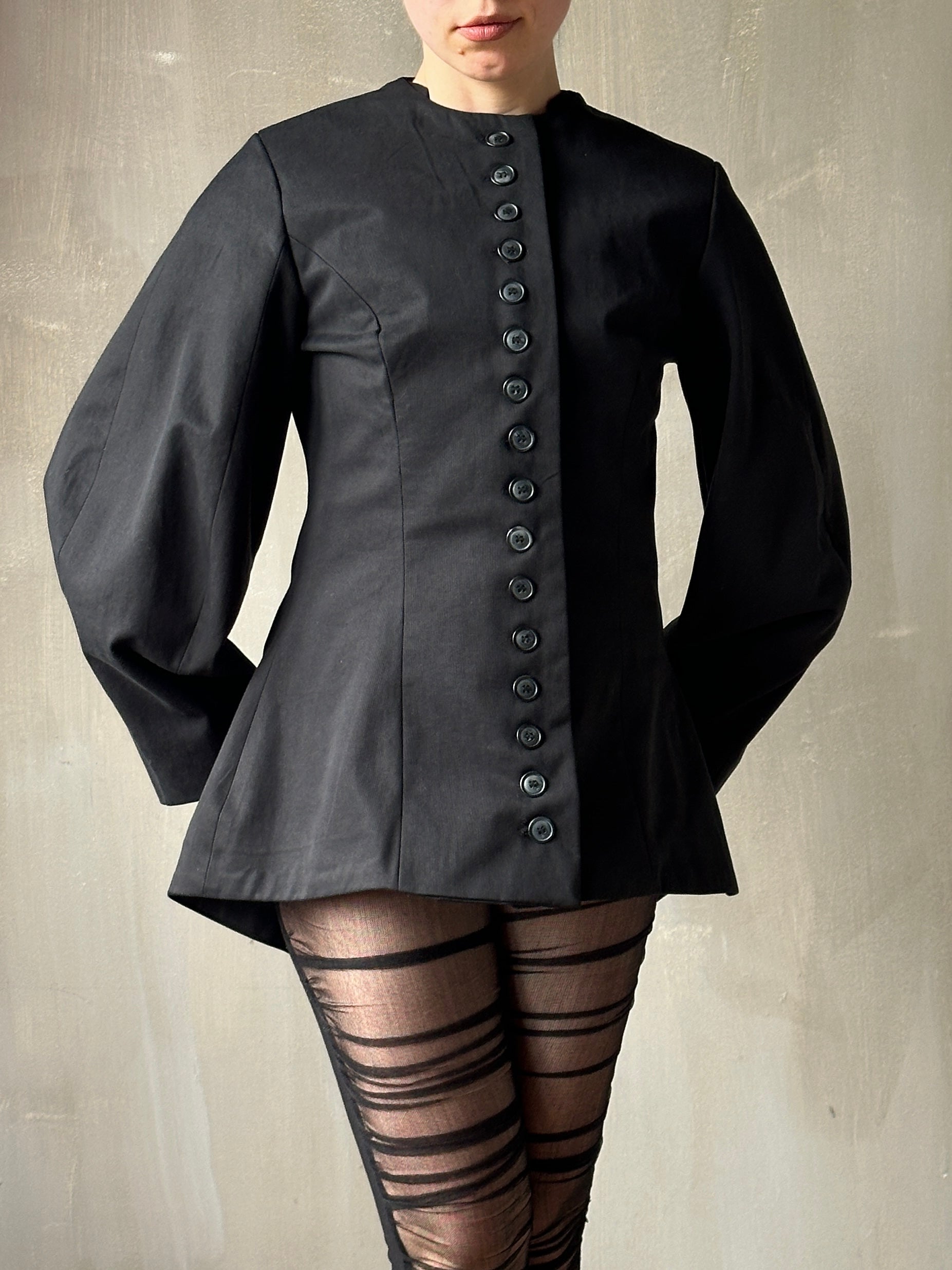 Tails Button Jacket with Lantern Sleeve in Black Cotton Twill (In Stock) *