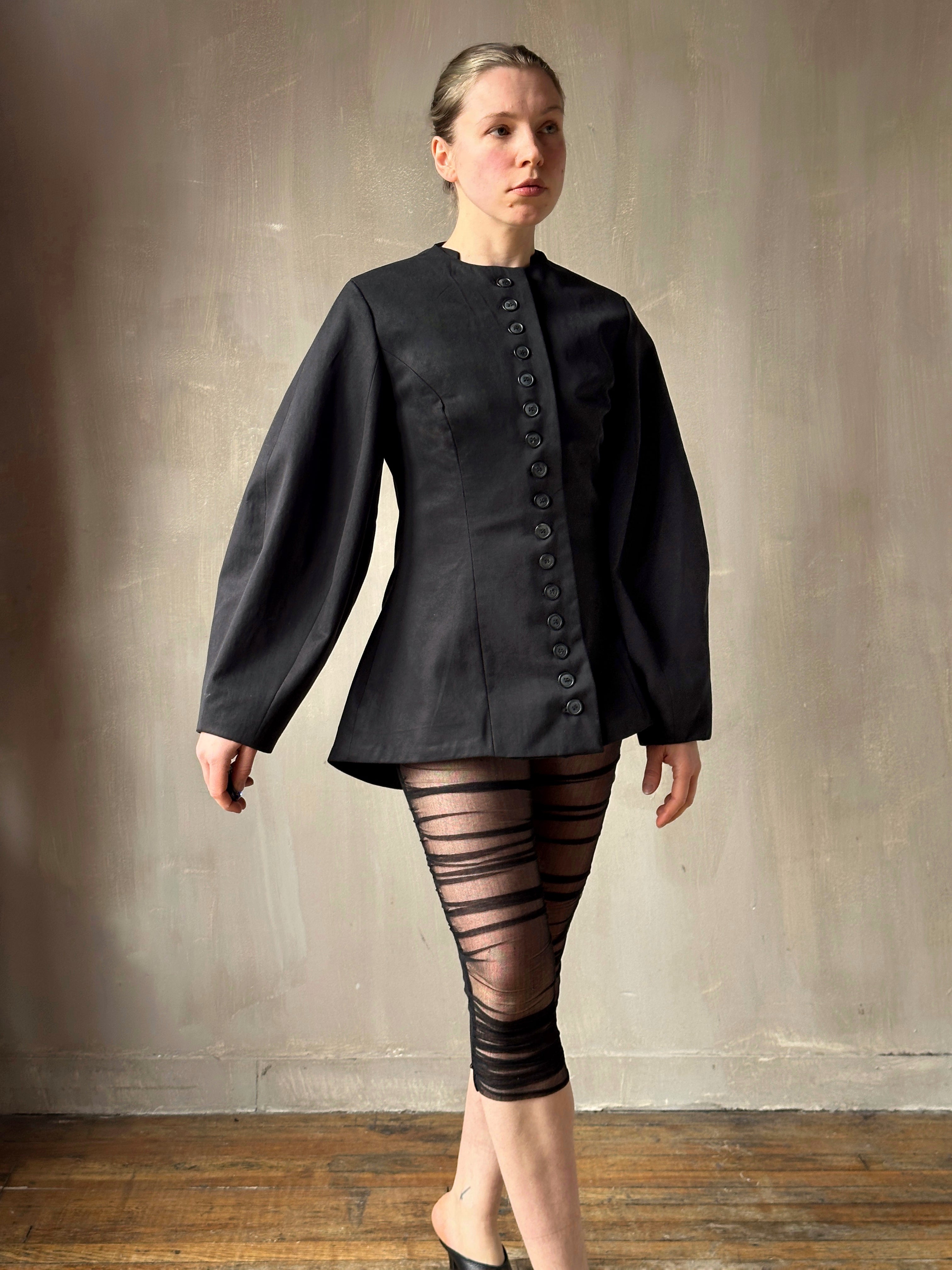 Tails Button Jacket with Lantern Sleeve in Black Cotton Twill (In Stock) *