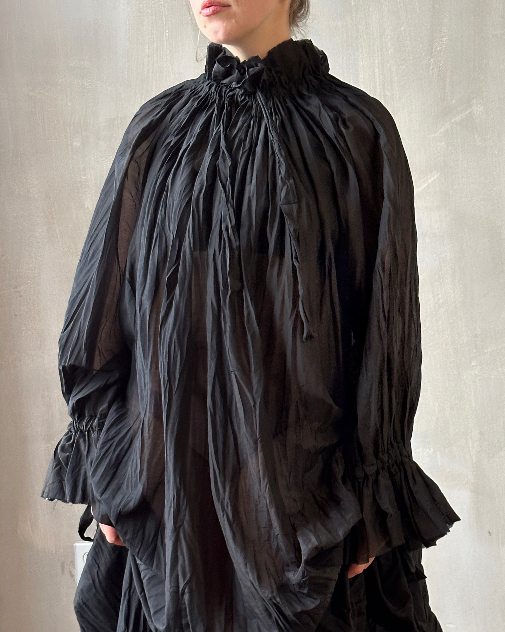 Ultra Maxi Alchemist Chemise in Black Crinkle Silk-Cotton Voile (Pre-O