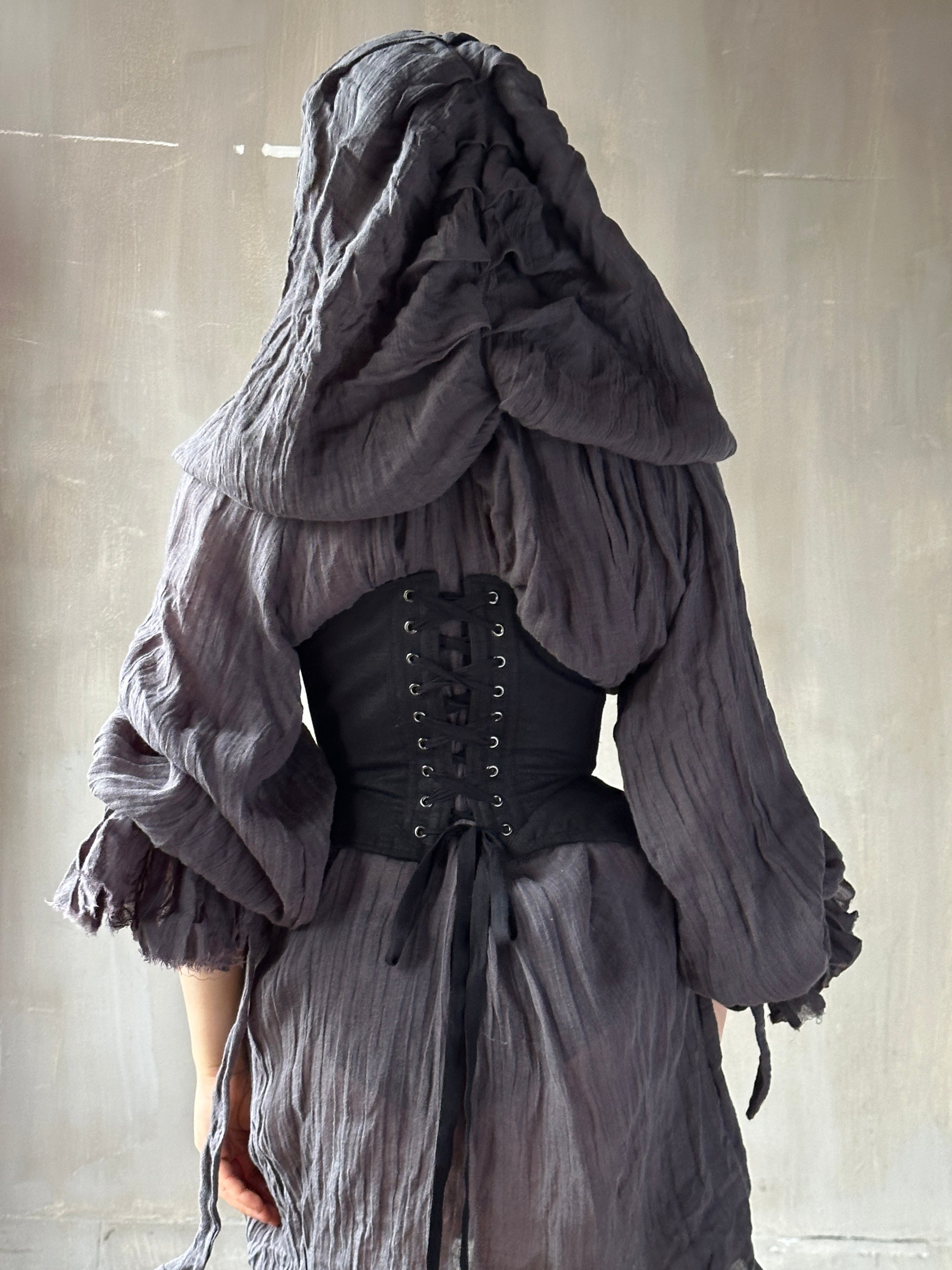 Hooded Alchemist Chemise in Charcoal Linen