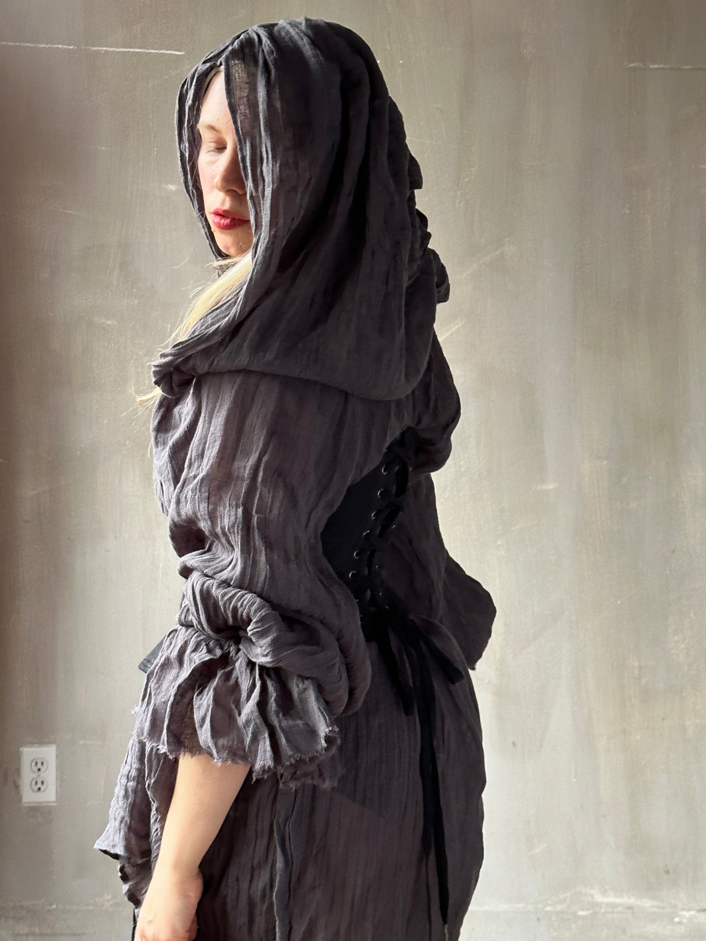 Hooded Alchemist Chemise in Charcoal Linen