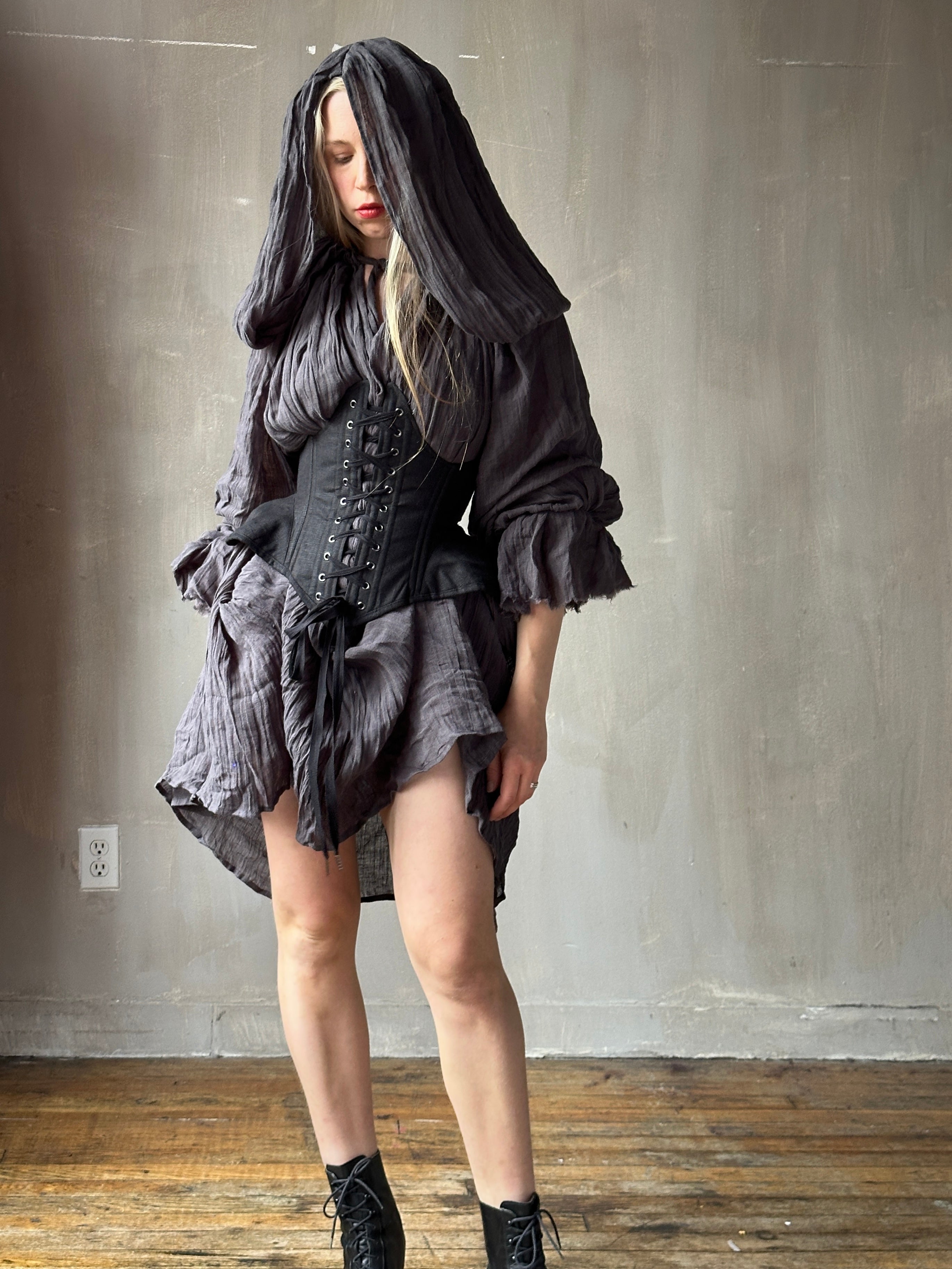 Hooded Alchemist Chemise in Charcoal Linen