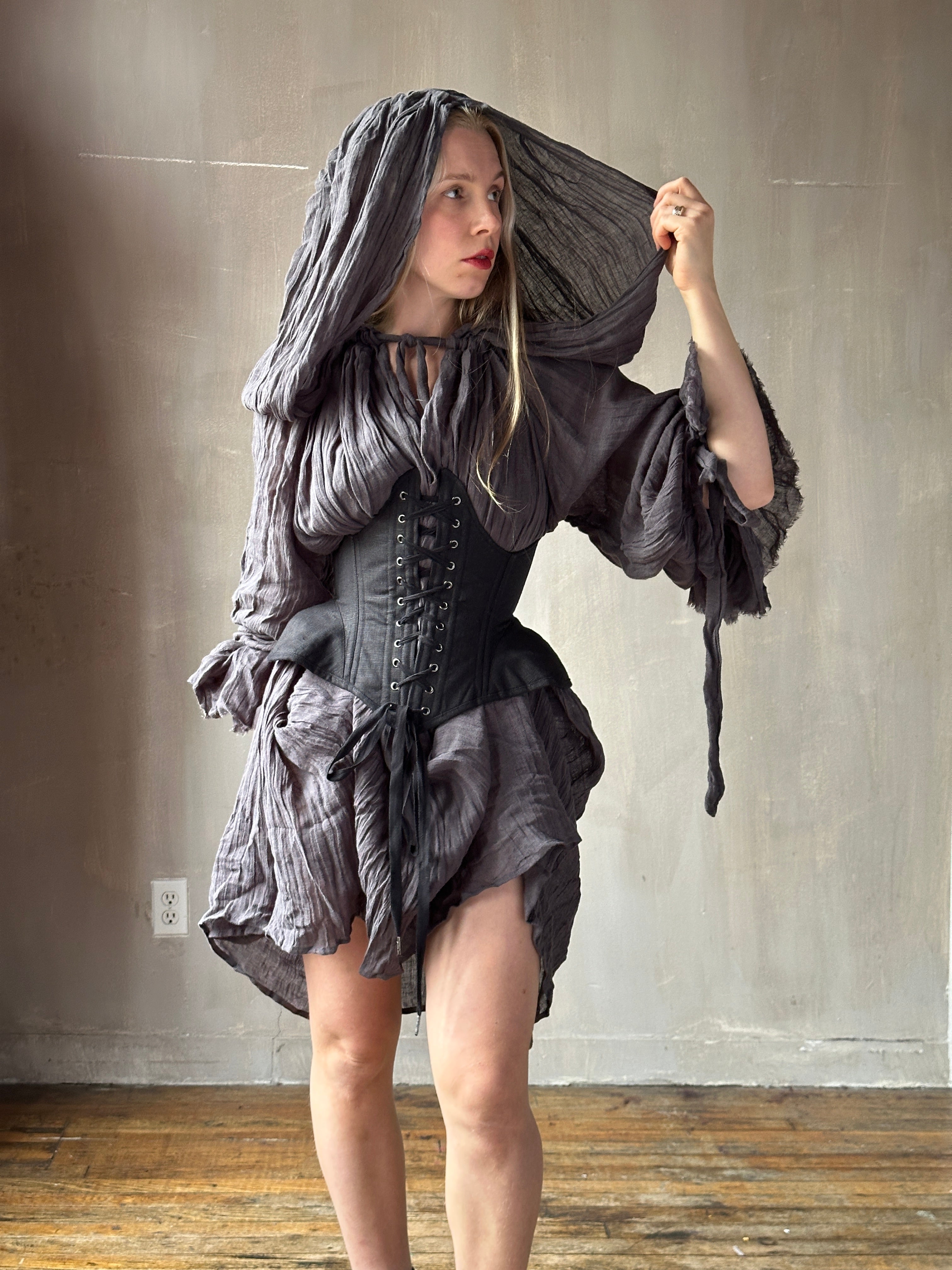 Hooded Alchemist Chemise in Charcoal Linen