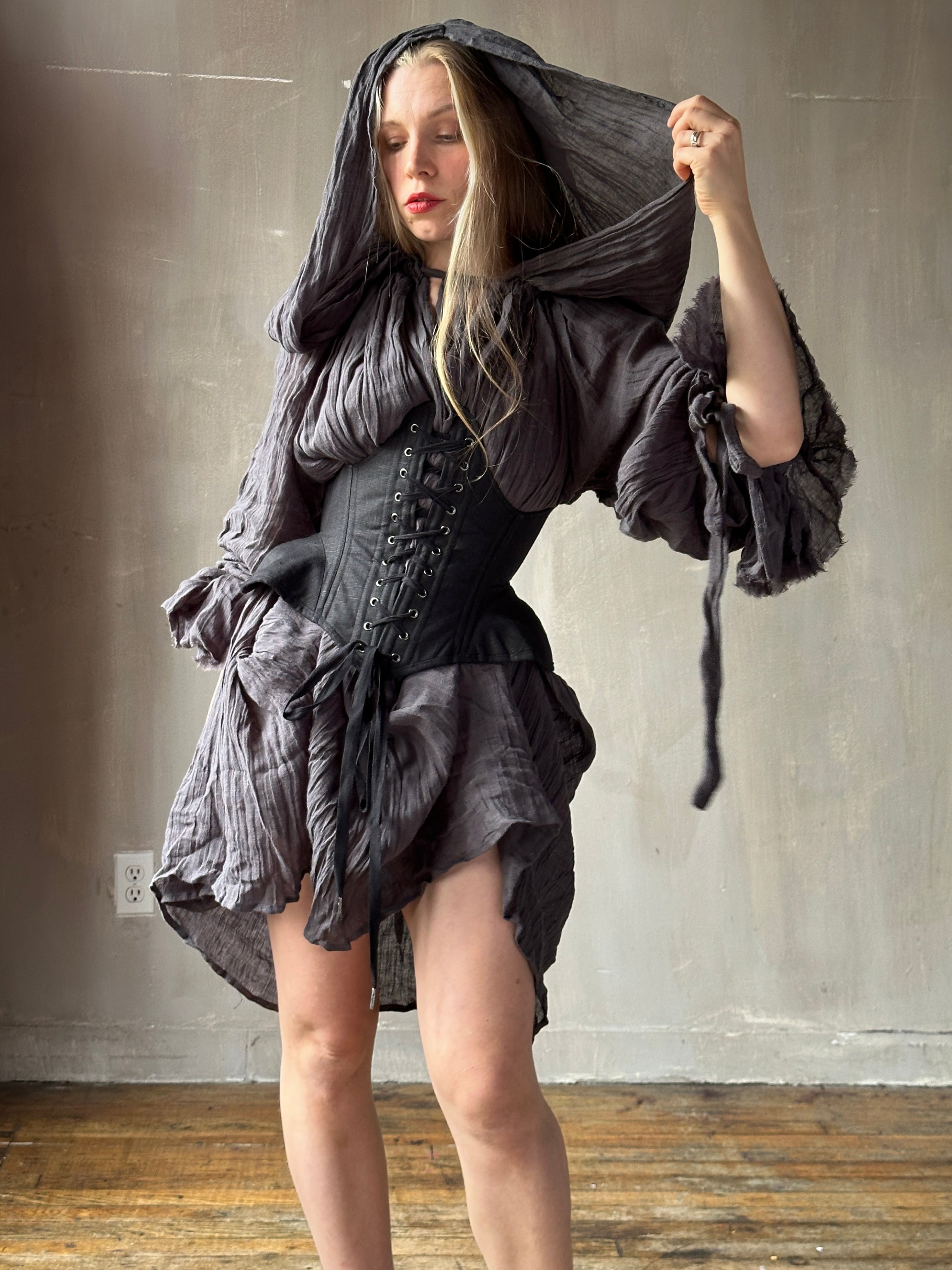 Hooded Alchemist Chemise in Charcoal Linen