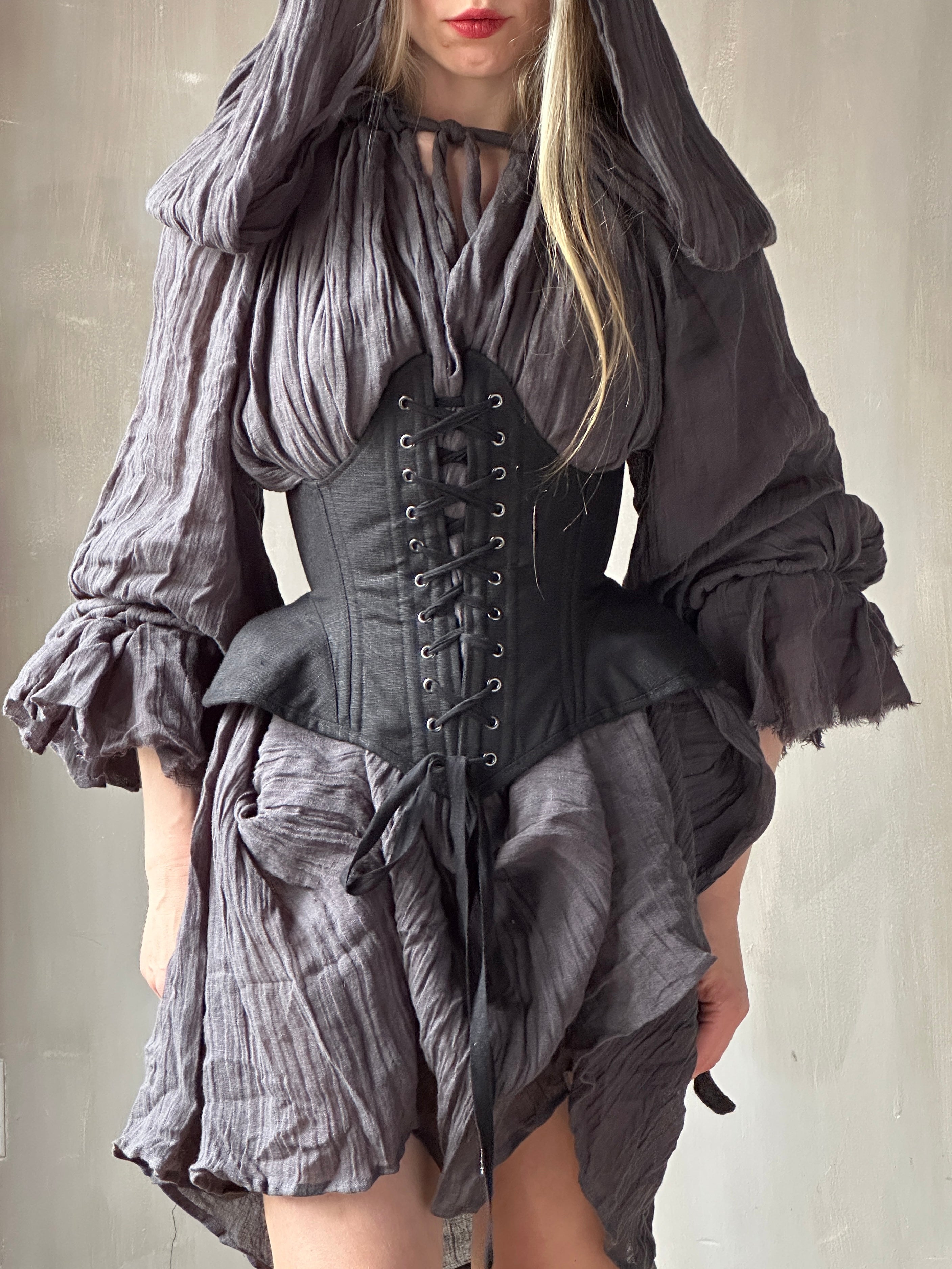 Hooded Alchemist Chemise in Charcoal Linen