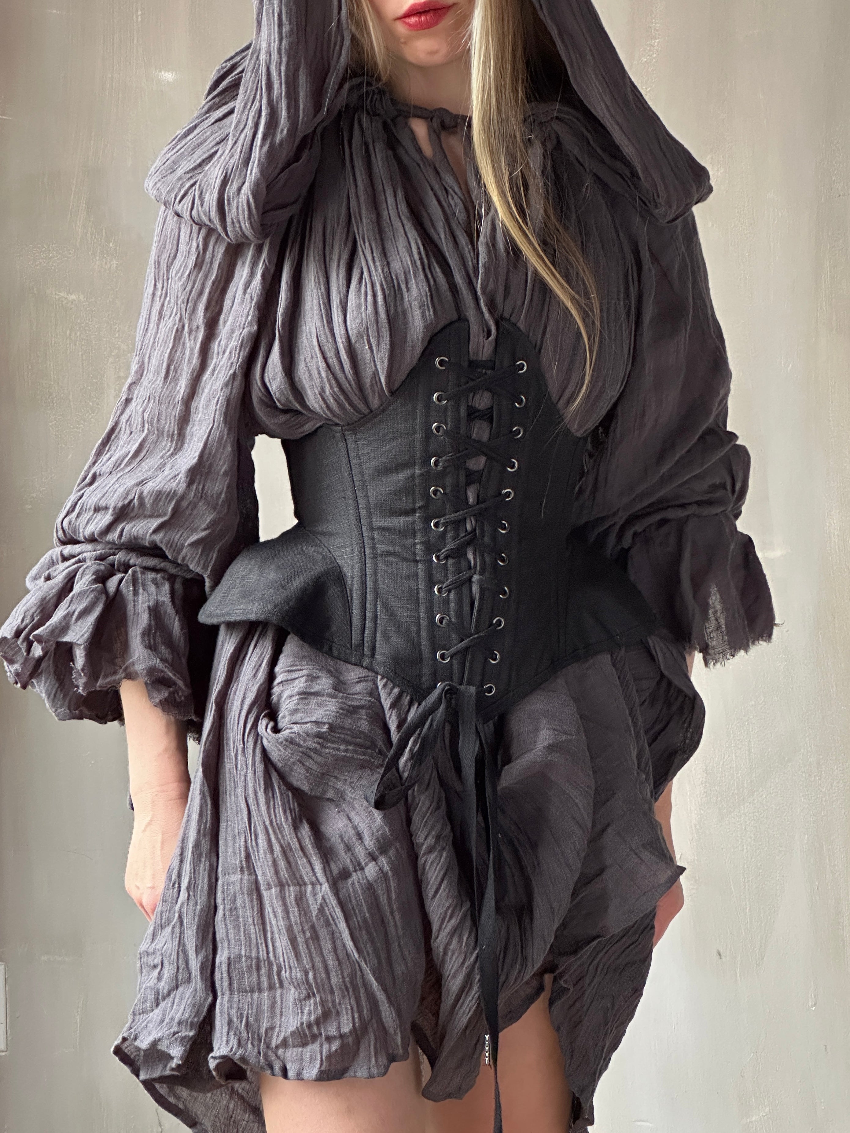 Underbust Pannier Corset in Black Linen (Limited Edition)