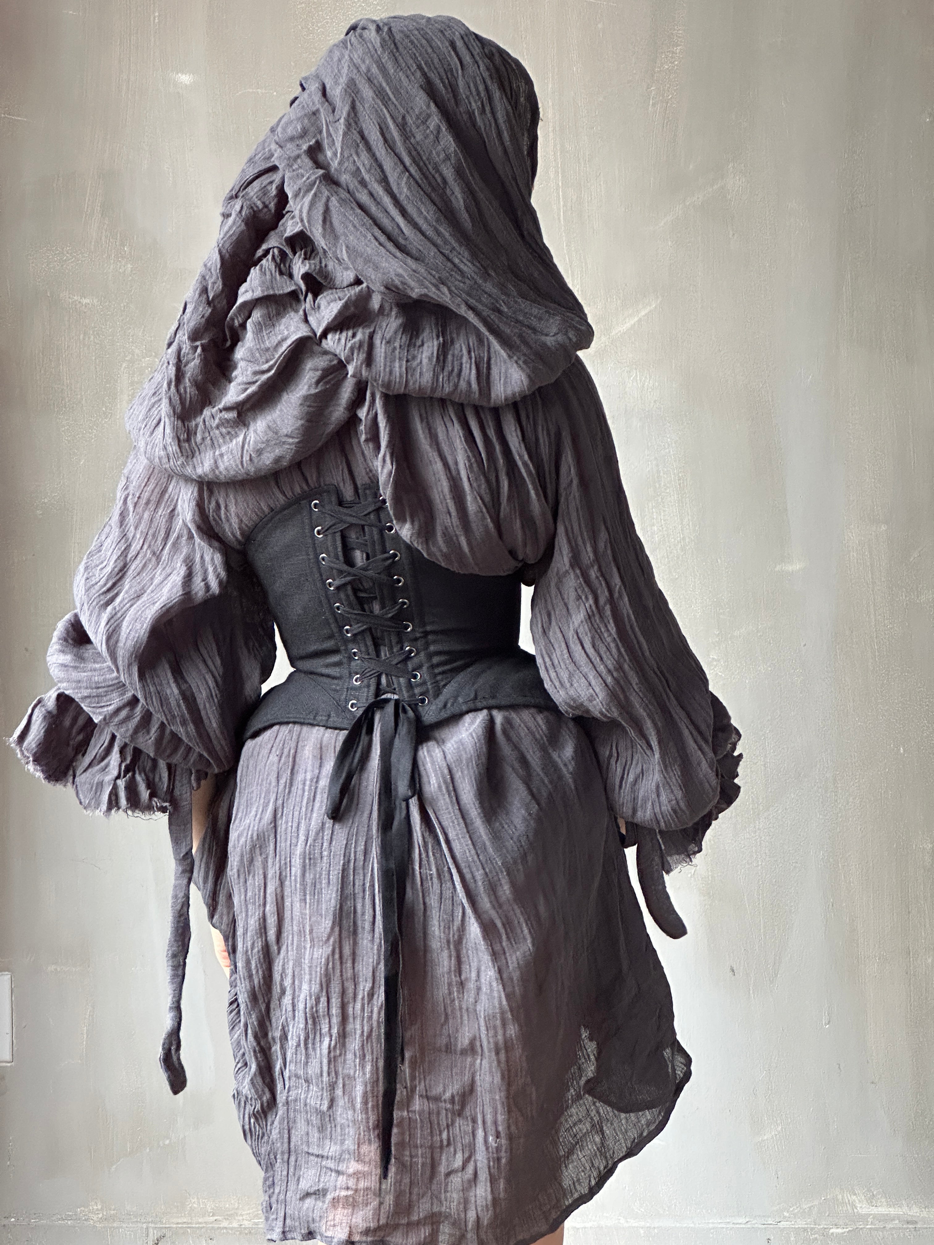Hooded Alchemist Chemise in Charcoal Linen