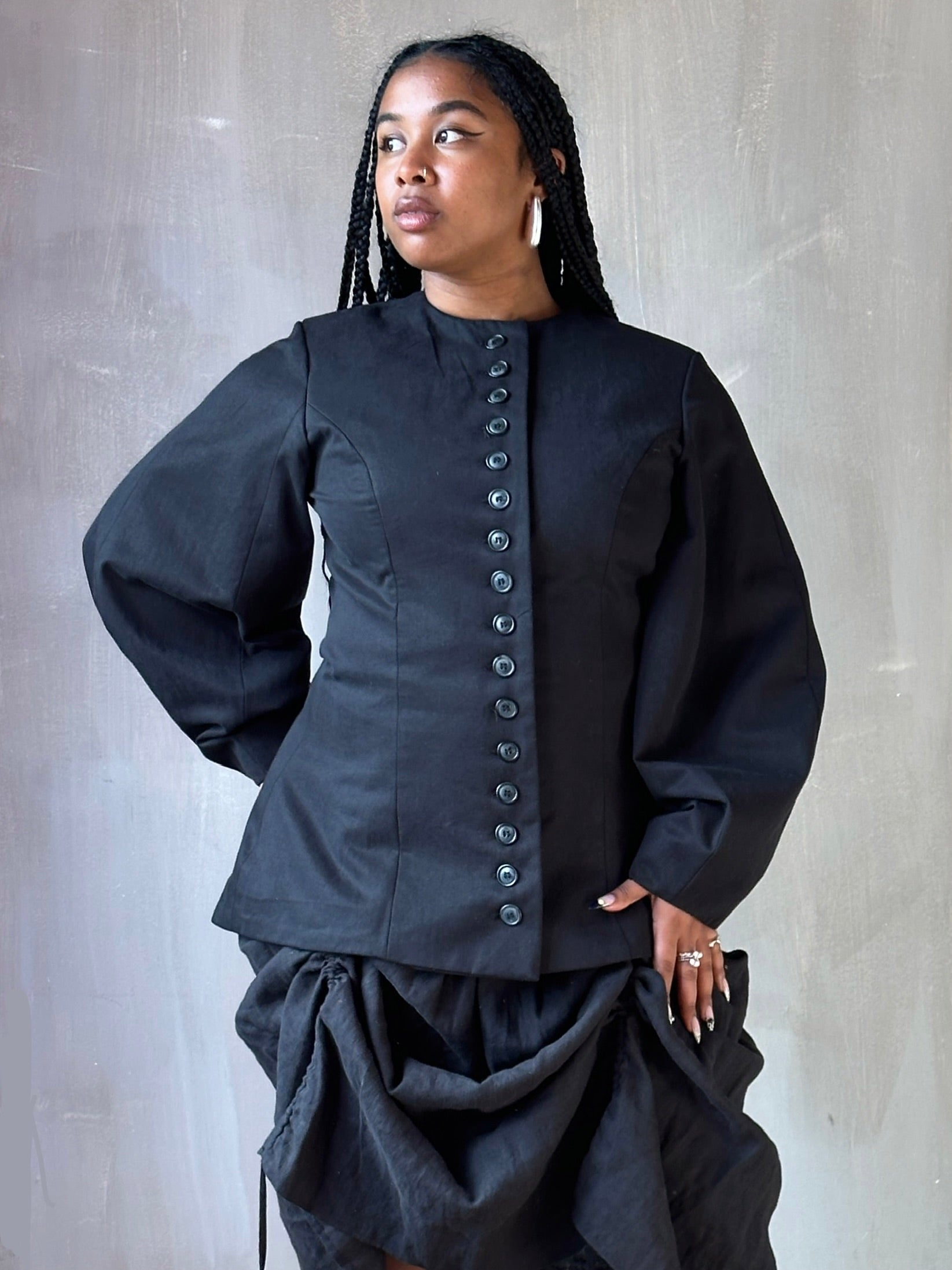 Tails Button Jacket with Lantern Sleeve in Black Cotton Twill (In Stock) *