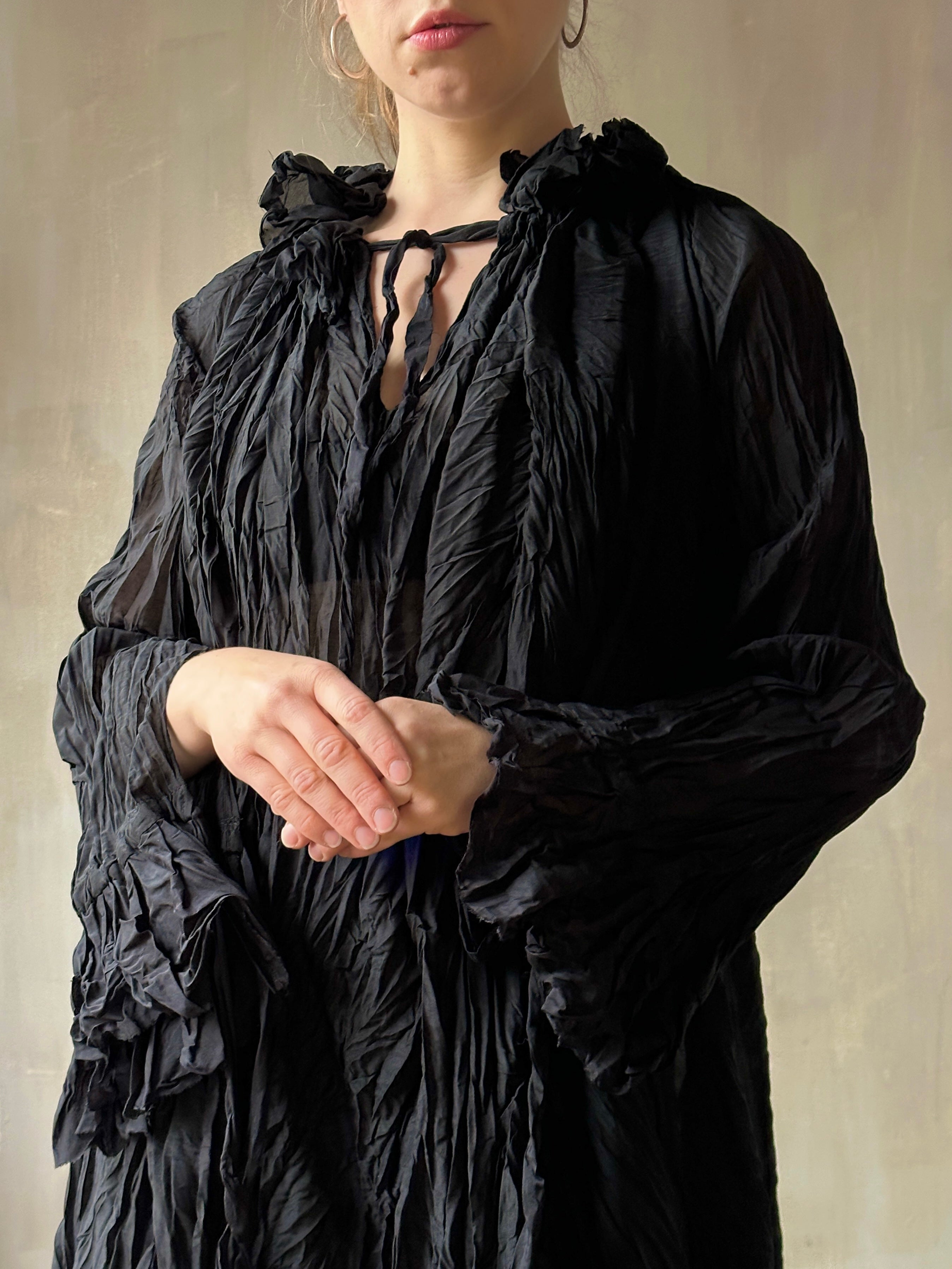 Ultra Maxi Alchemist Chemise in Black Crinkle Silk-Cotton Voile (Pre-O