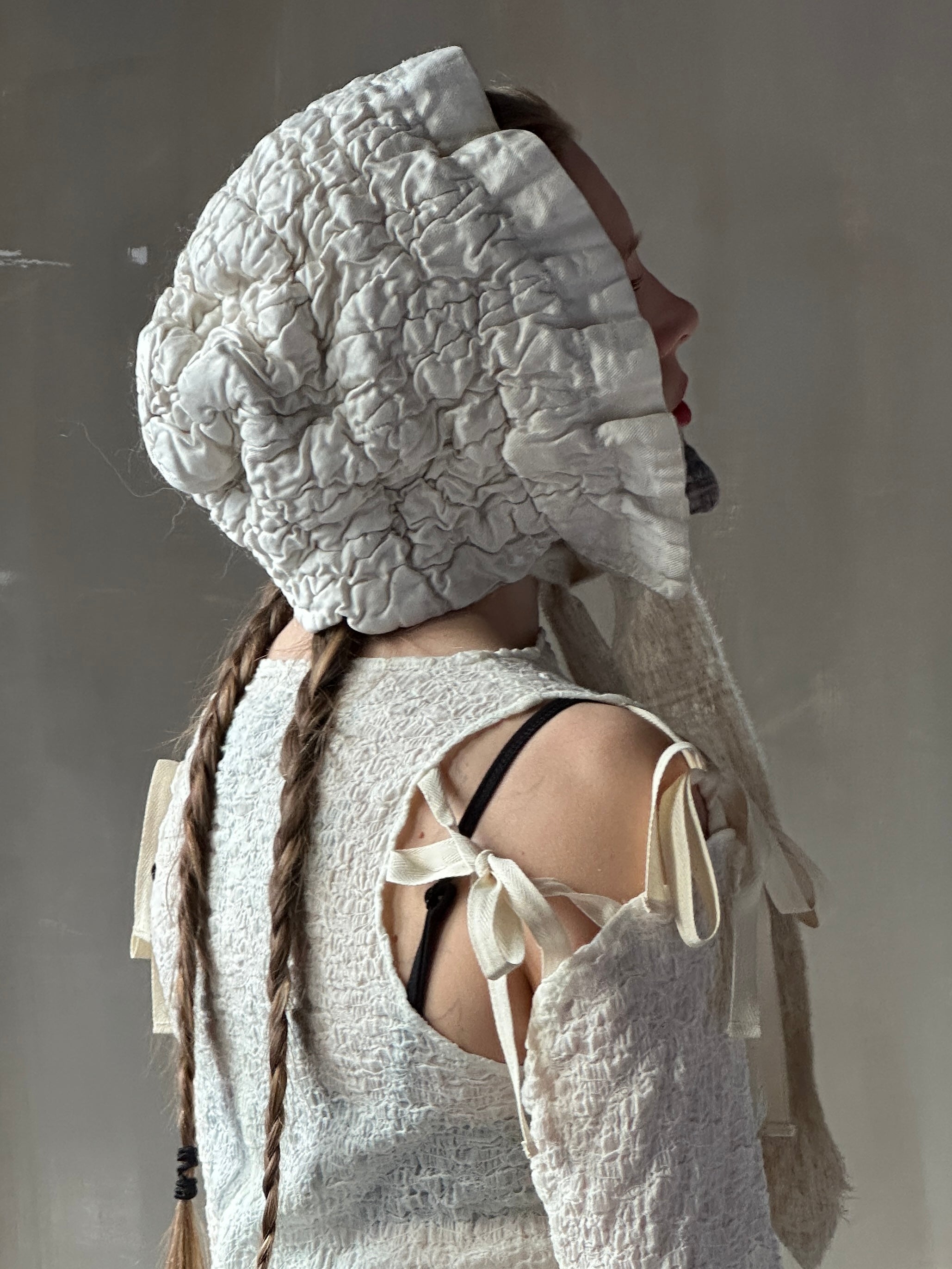 Winter 26: Ivory Silk Chaos-Quilted Bonnet (Pre-Order)