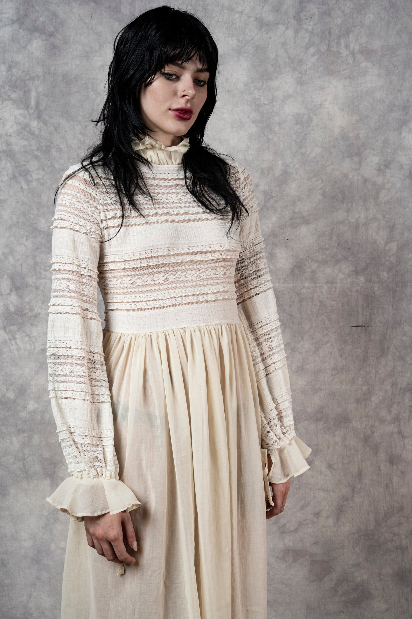"Edith" Lace High Collar Dress in Ivory