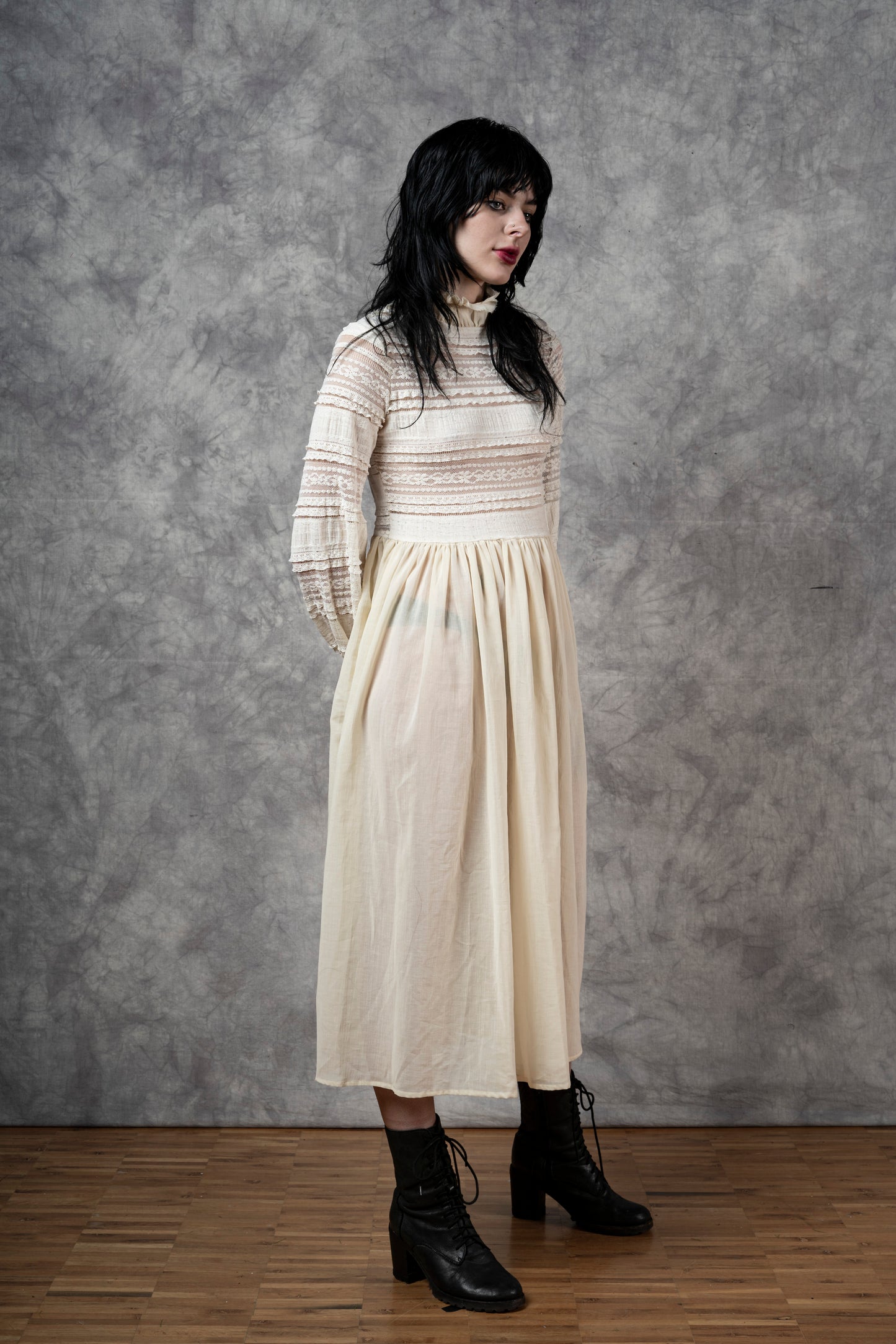"Edith" Lace High Collar Dress in Ivory