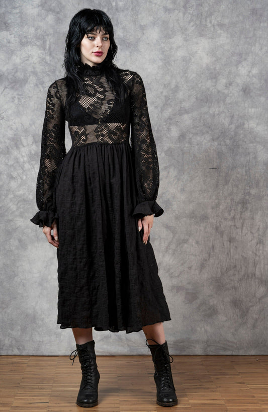 FW23 "Edith" Lace High Collar Dress in Black (Limited Edition)