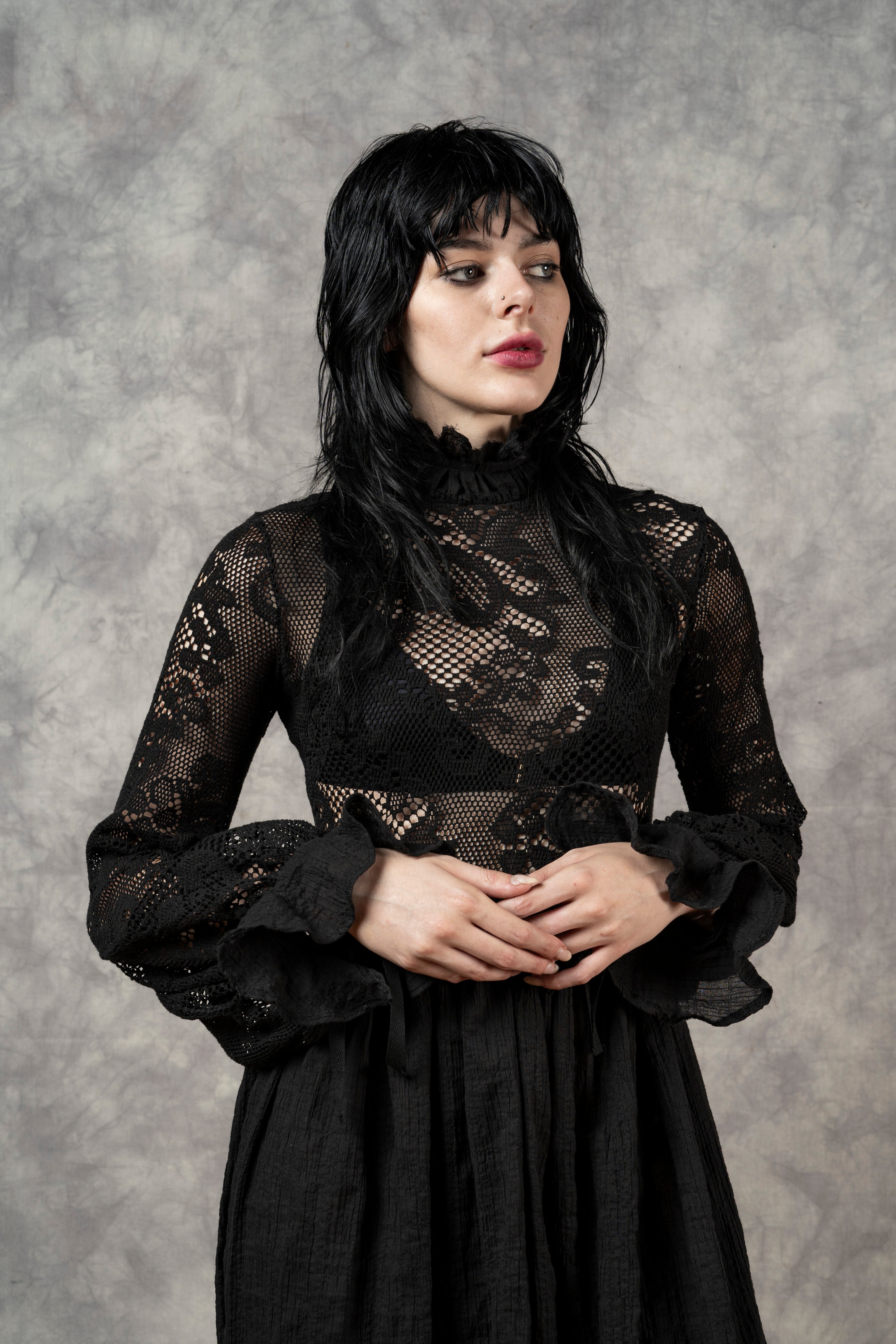 "Edith" Lace High Collar Dress in Black