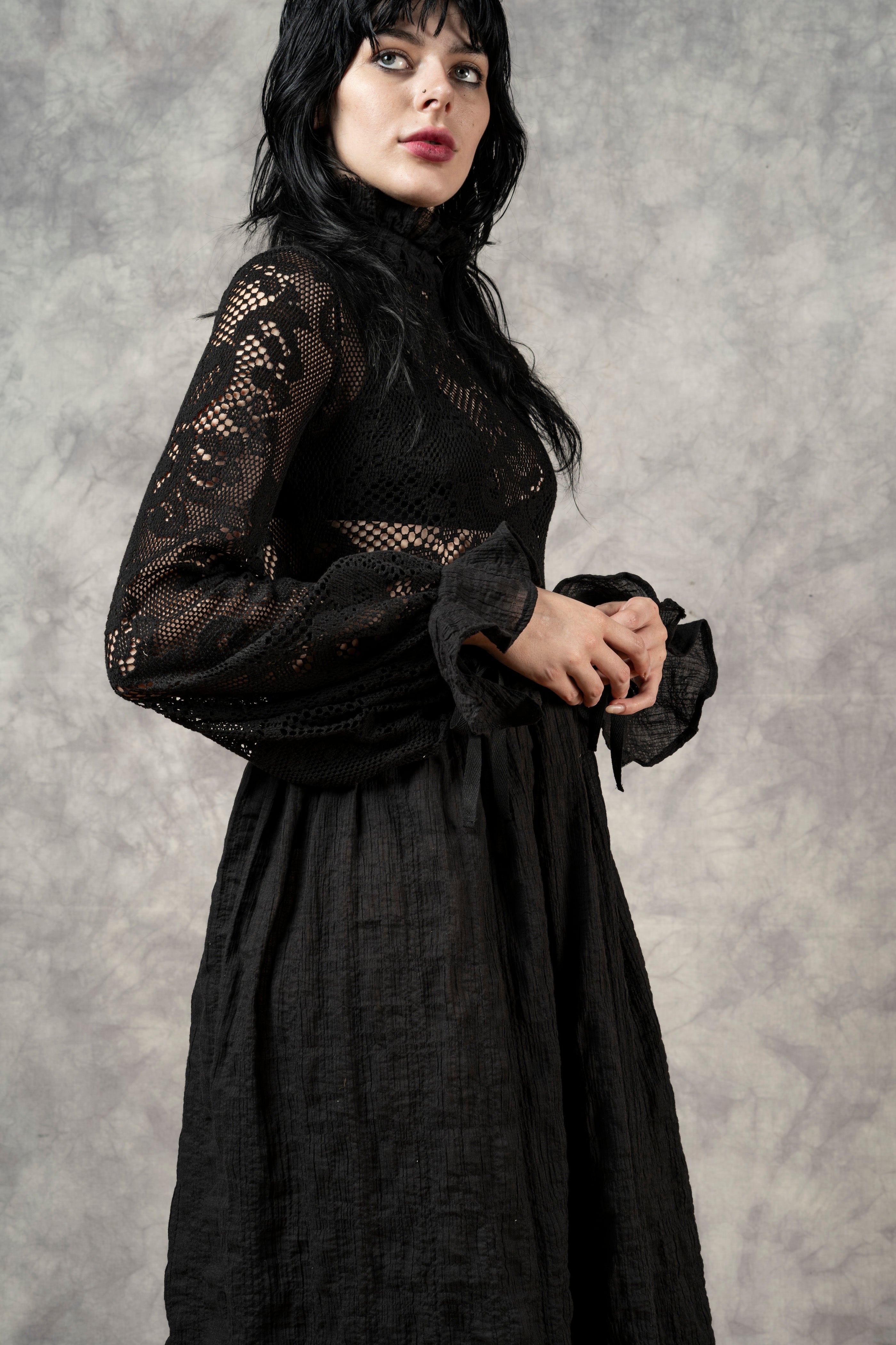 "Edith" Lace High Collar Dress in Black