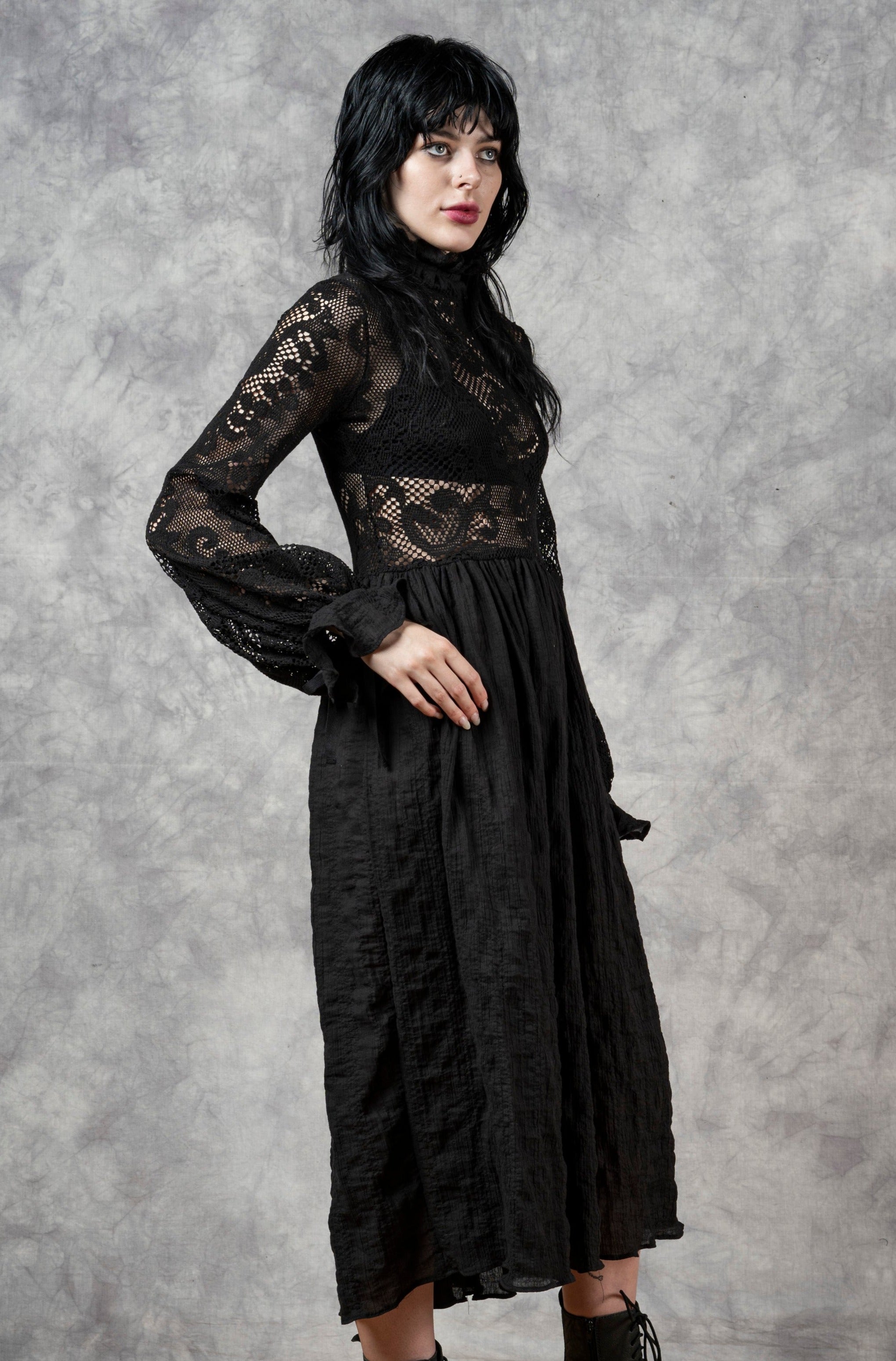 "Edith" Lace High Collar Dress in Black