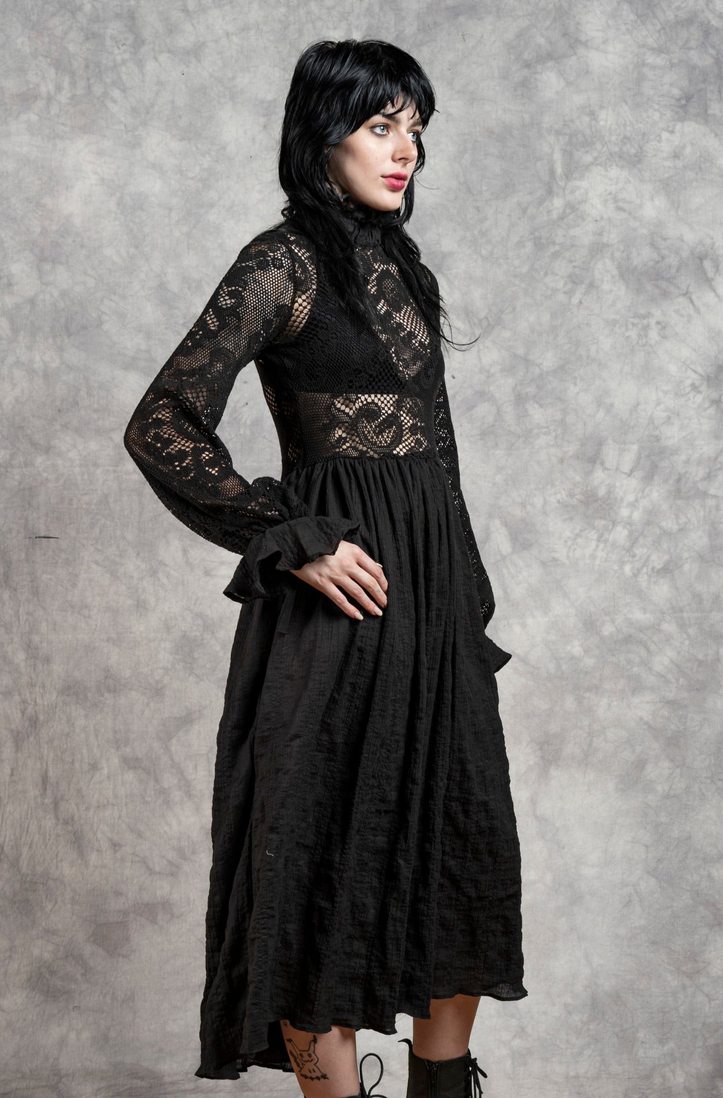 "Edith" Lace High Collar Dress in Black