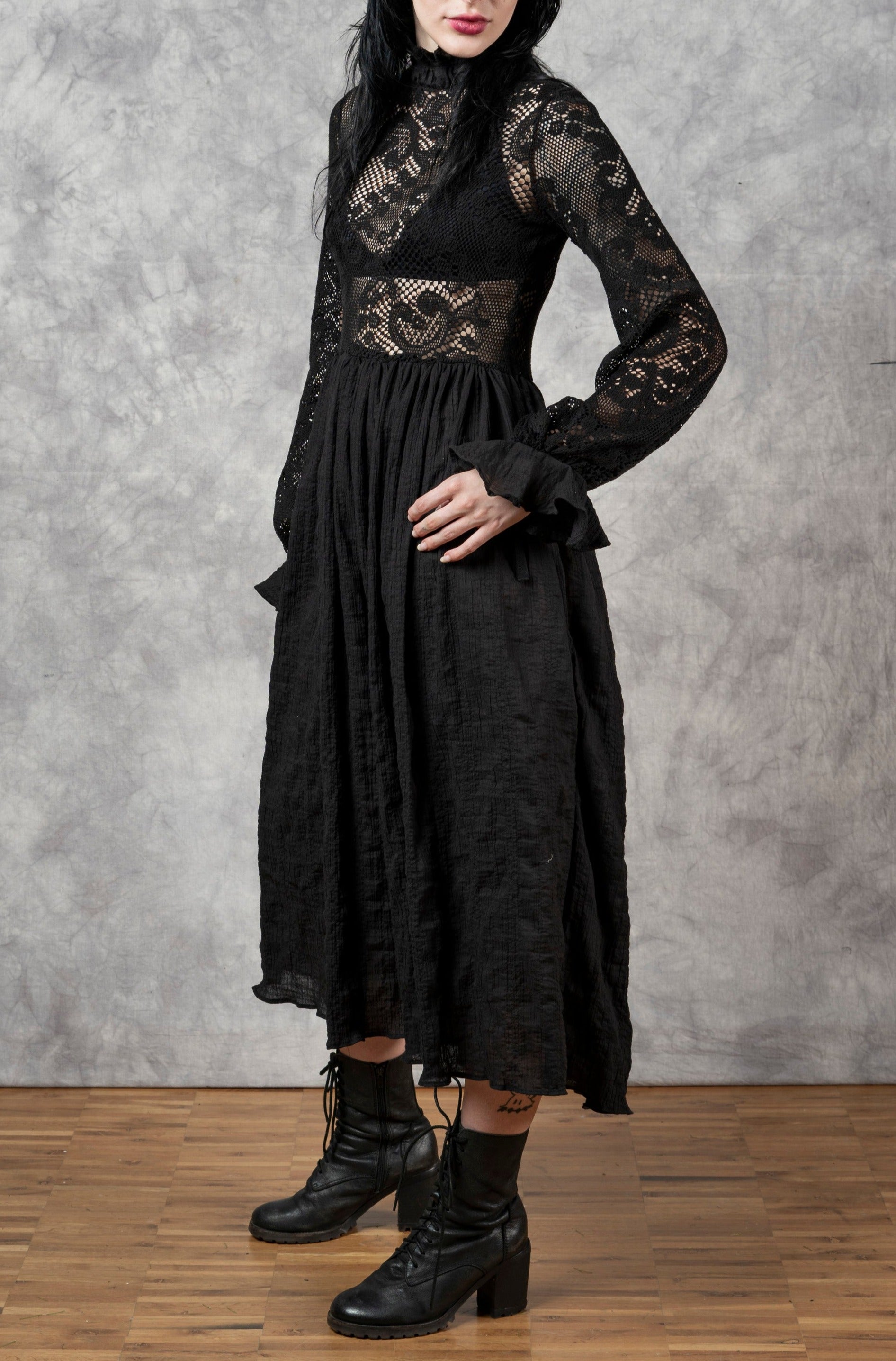 "Edith" Lace High Collar Dress in Black