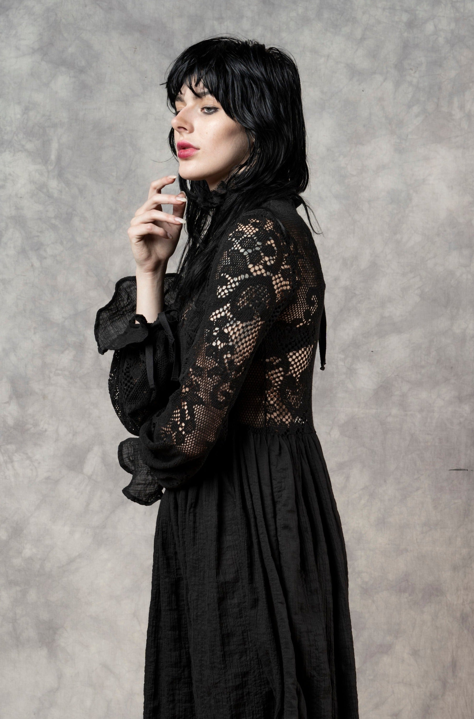 "Edith" Lace High Collar Dress in Black