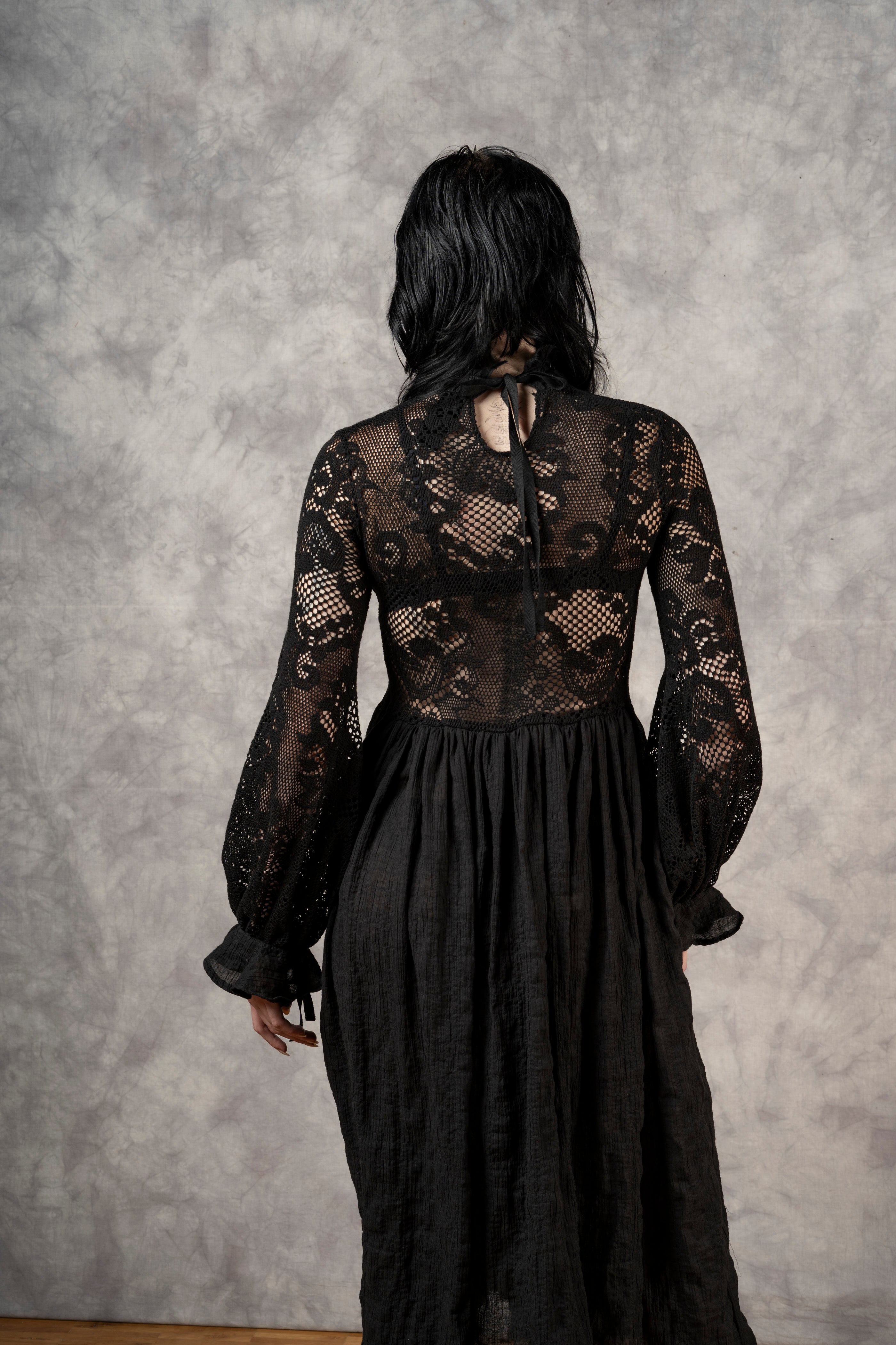 "Edith" Lace High Collar Dress in Black