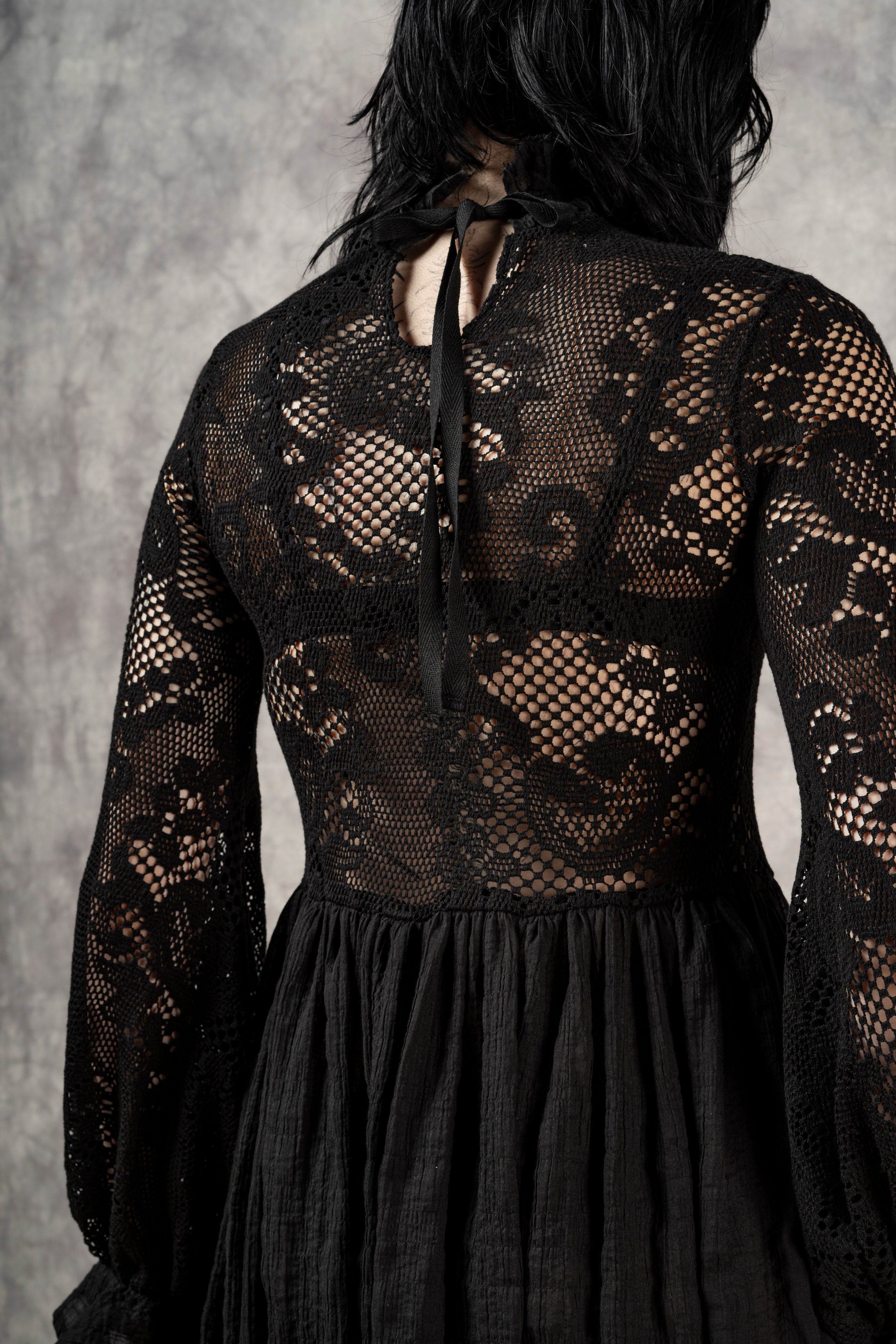"Edith" Lace High Collar Dress in Black