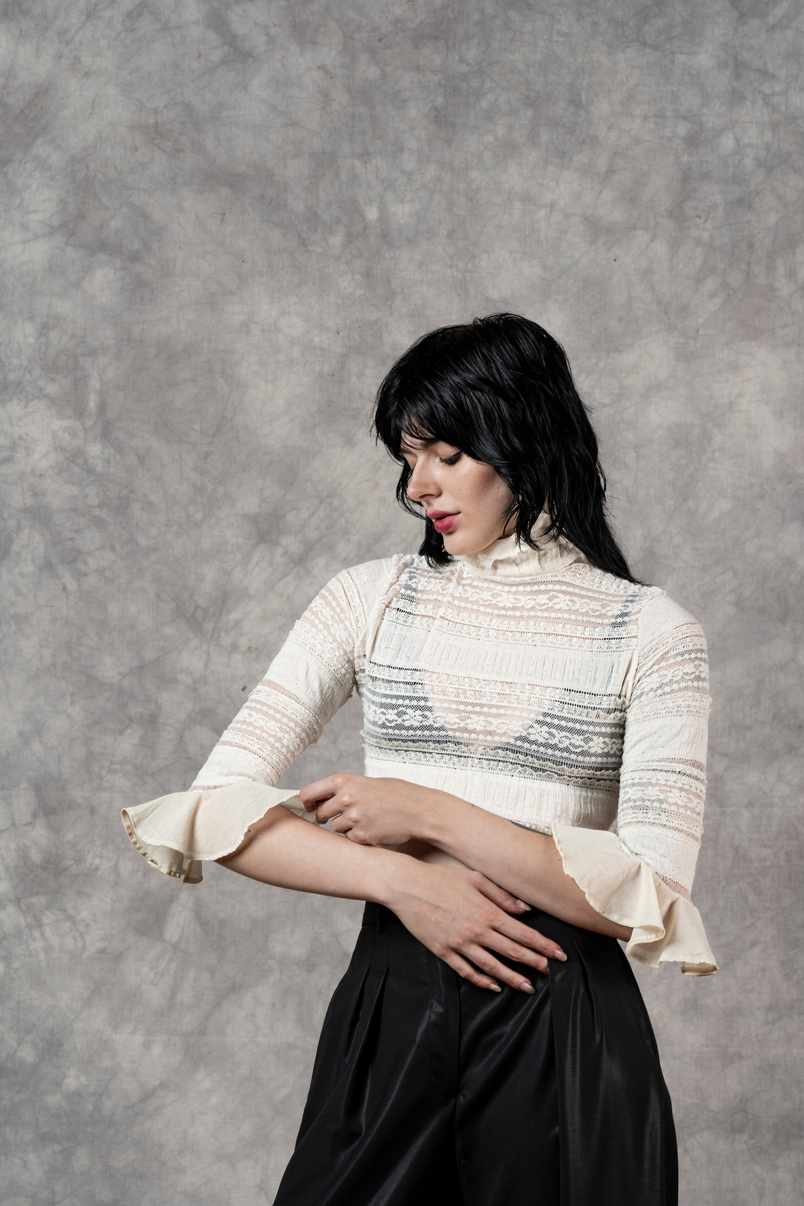 Lace High Collar Top In Ivory