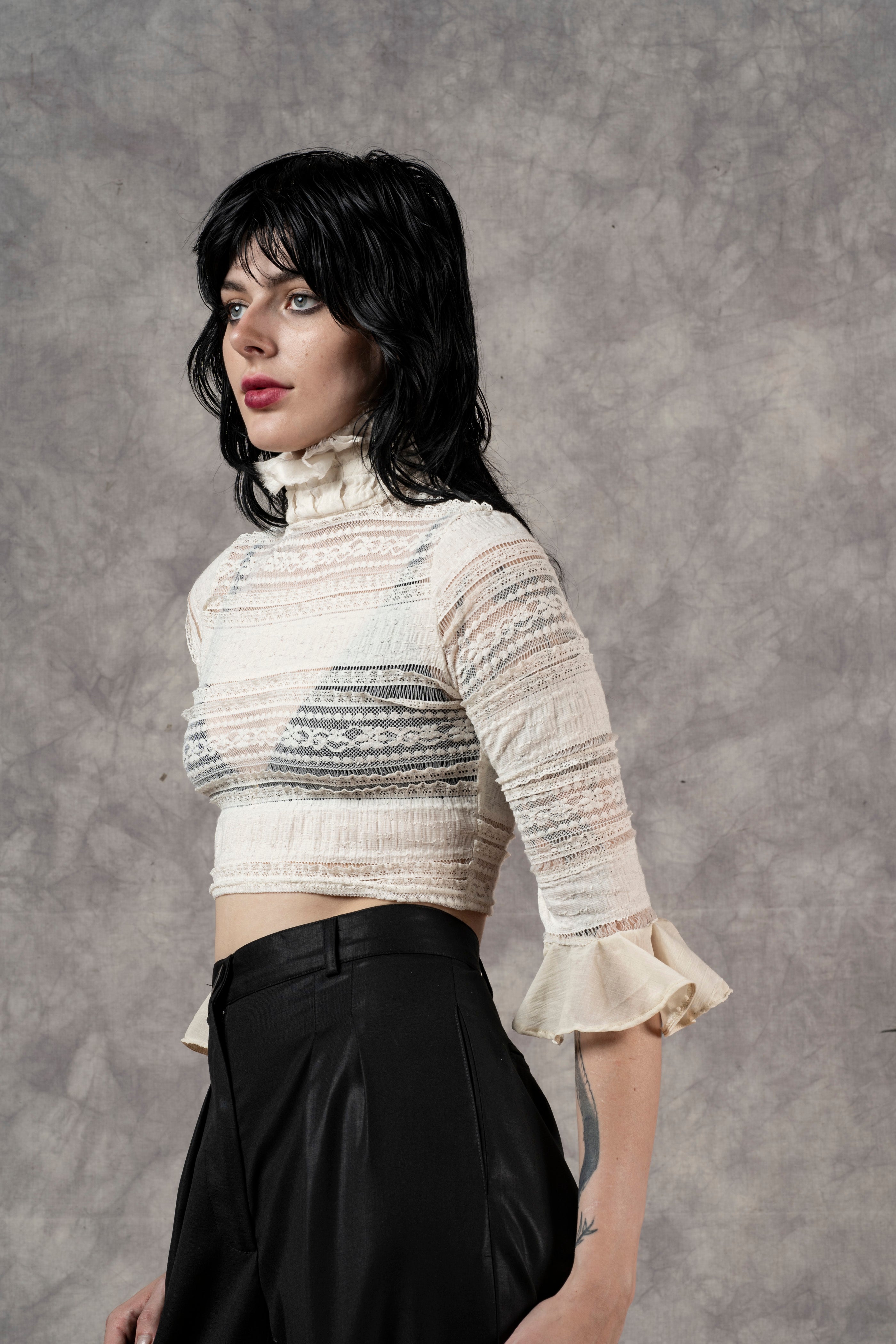 Lace High Collar Top In Ivory