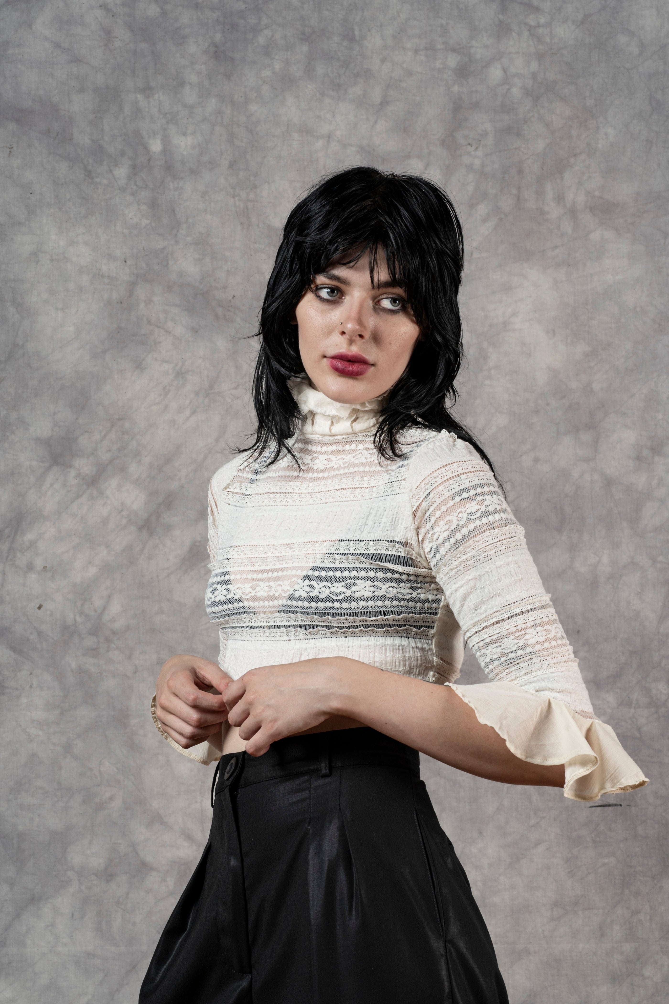 Lace High Collar Top In Ivory