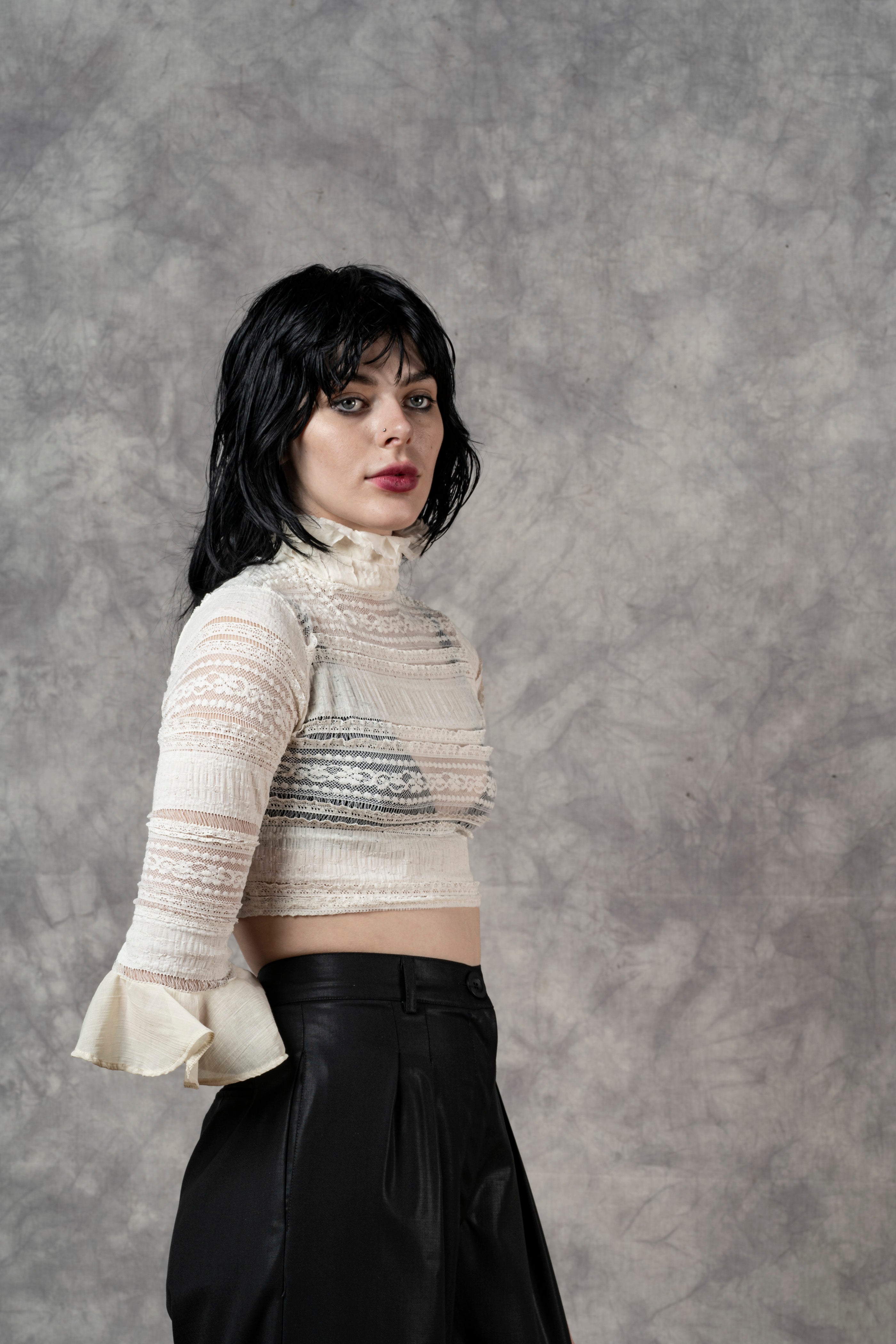 Lace High Collar Top In Ivory