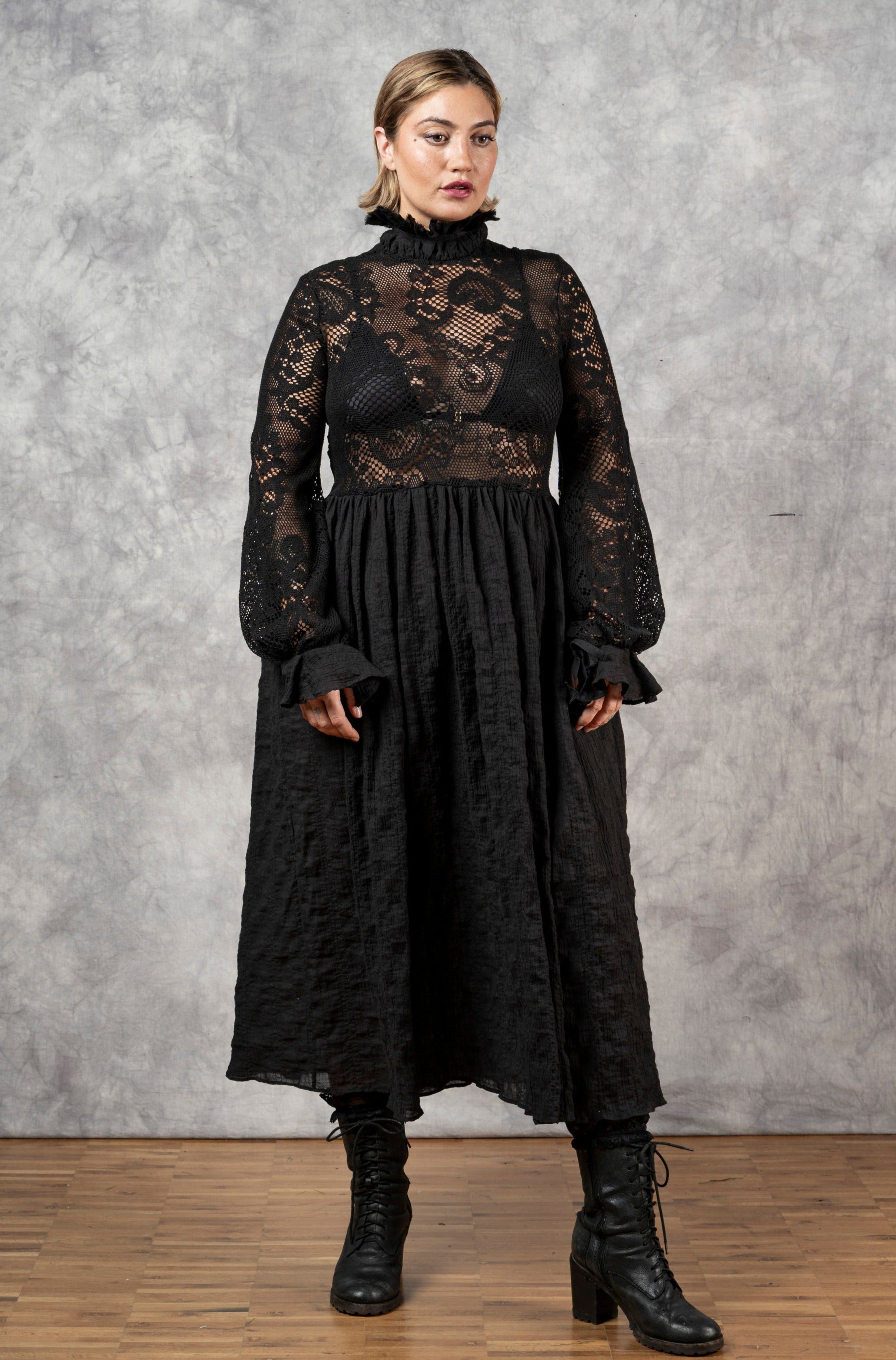"Edith" Lace High Collar Dress in Black