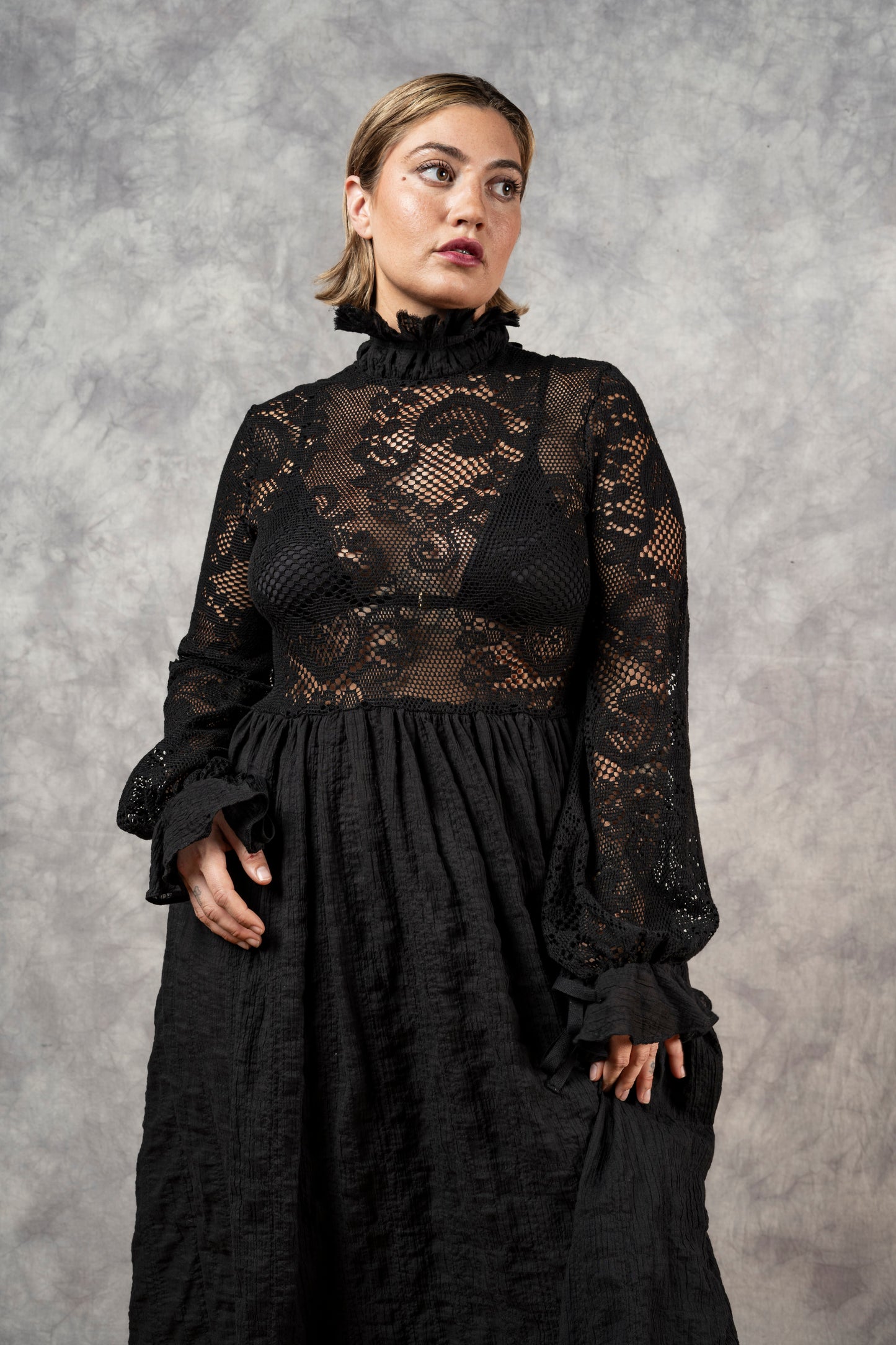 "Edith" Lace High Collar Dress in Black