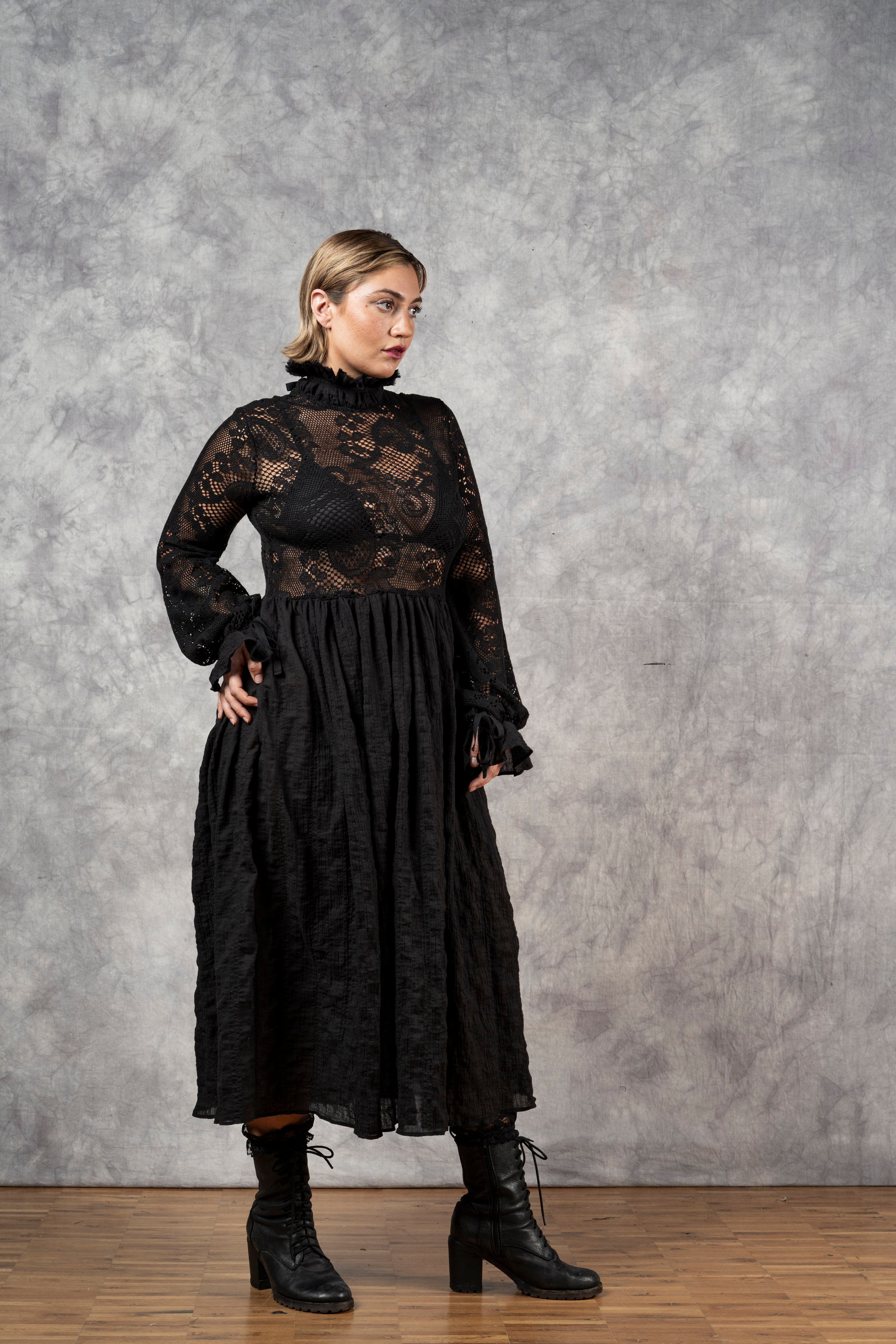 "Edith" Lace High Collar Dress in Black