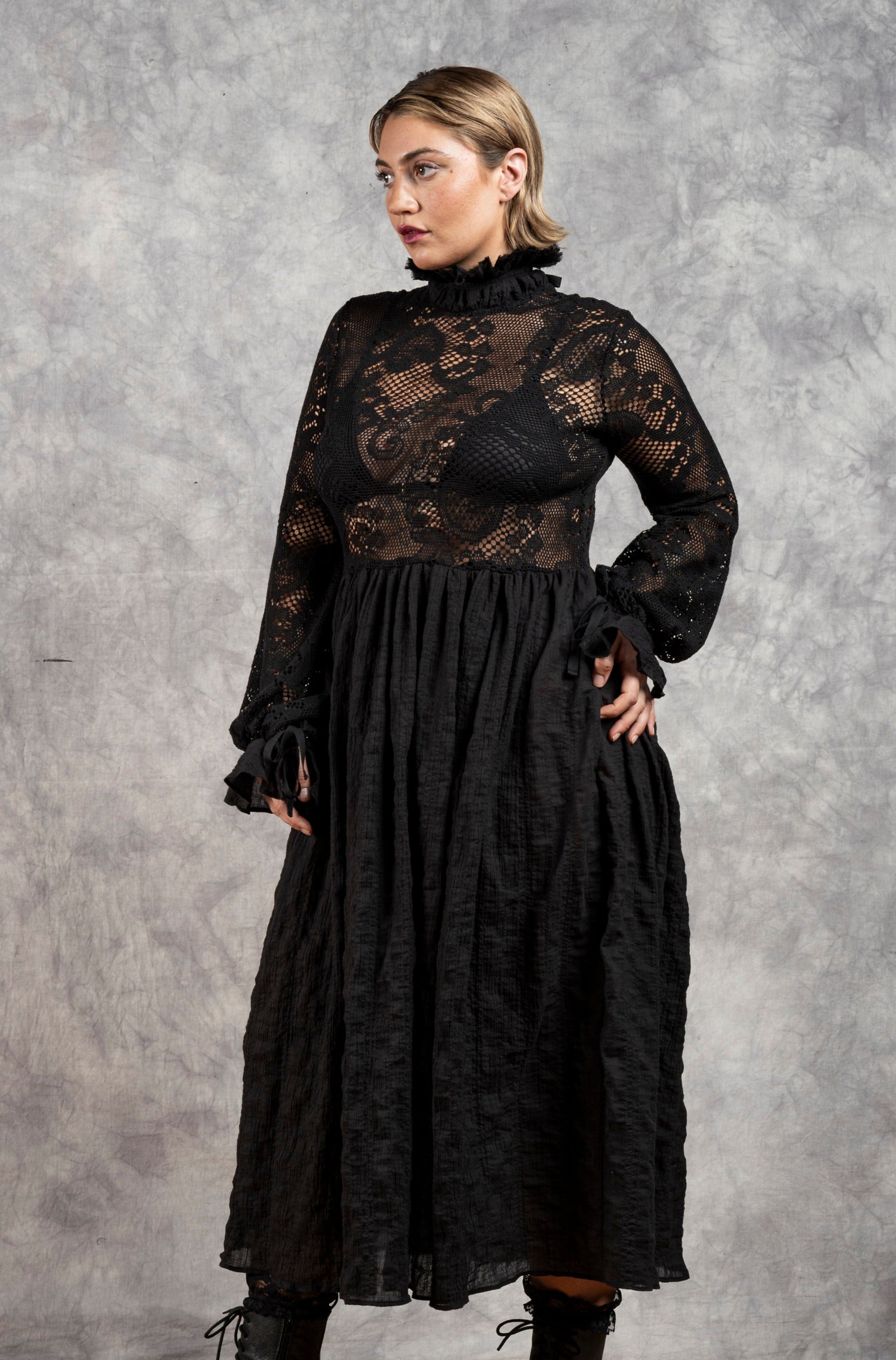 "Edith" Lace High Collar Dress in Black